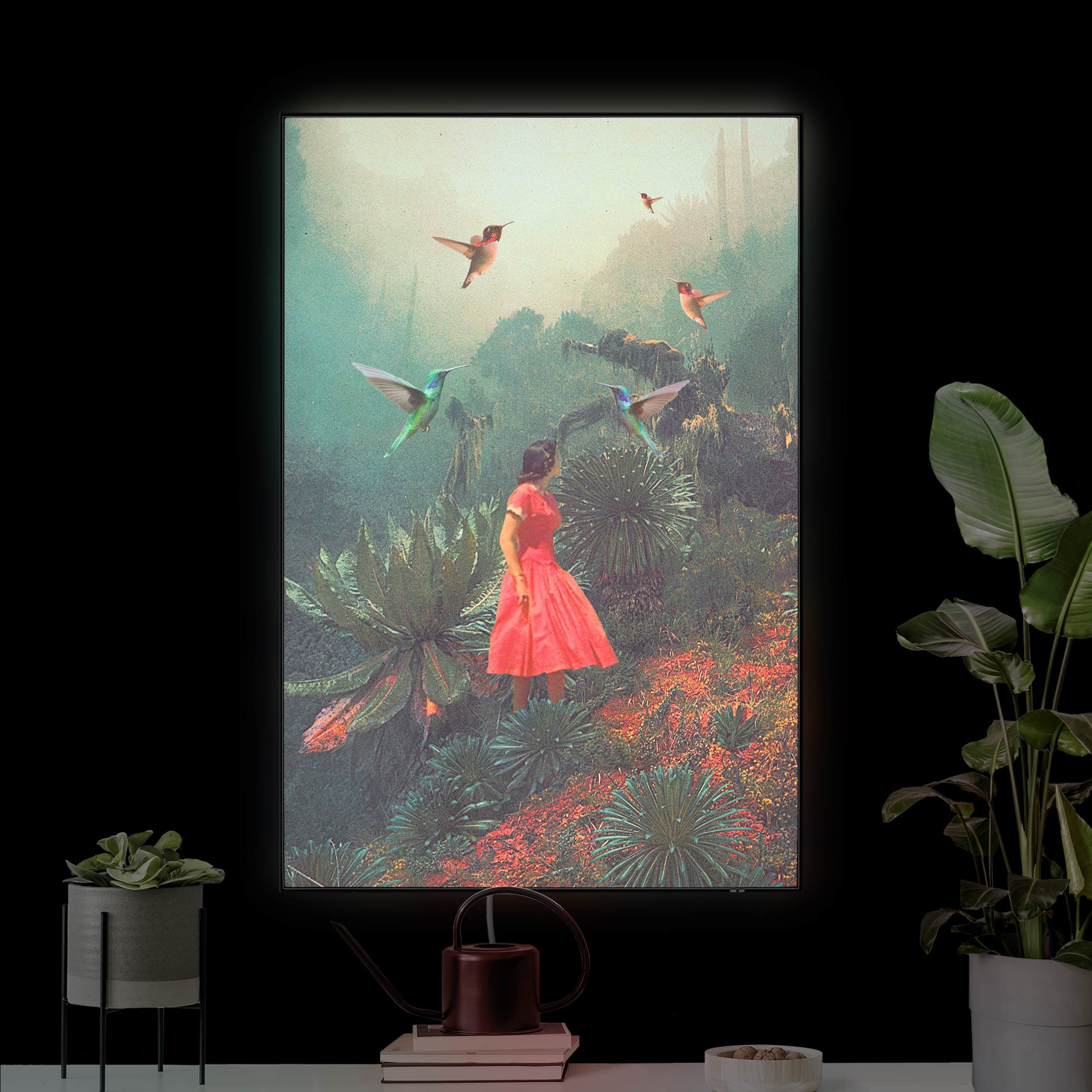 LED-Wechselbild Mädchen mit riesigen Vögeln