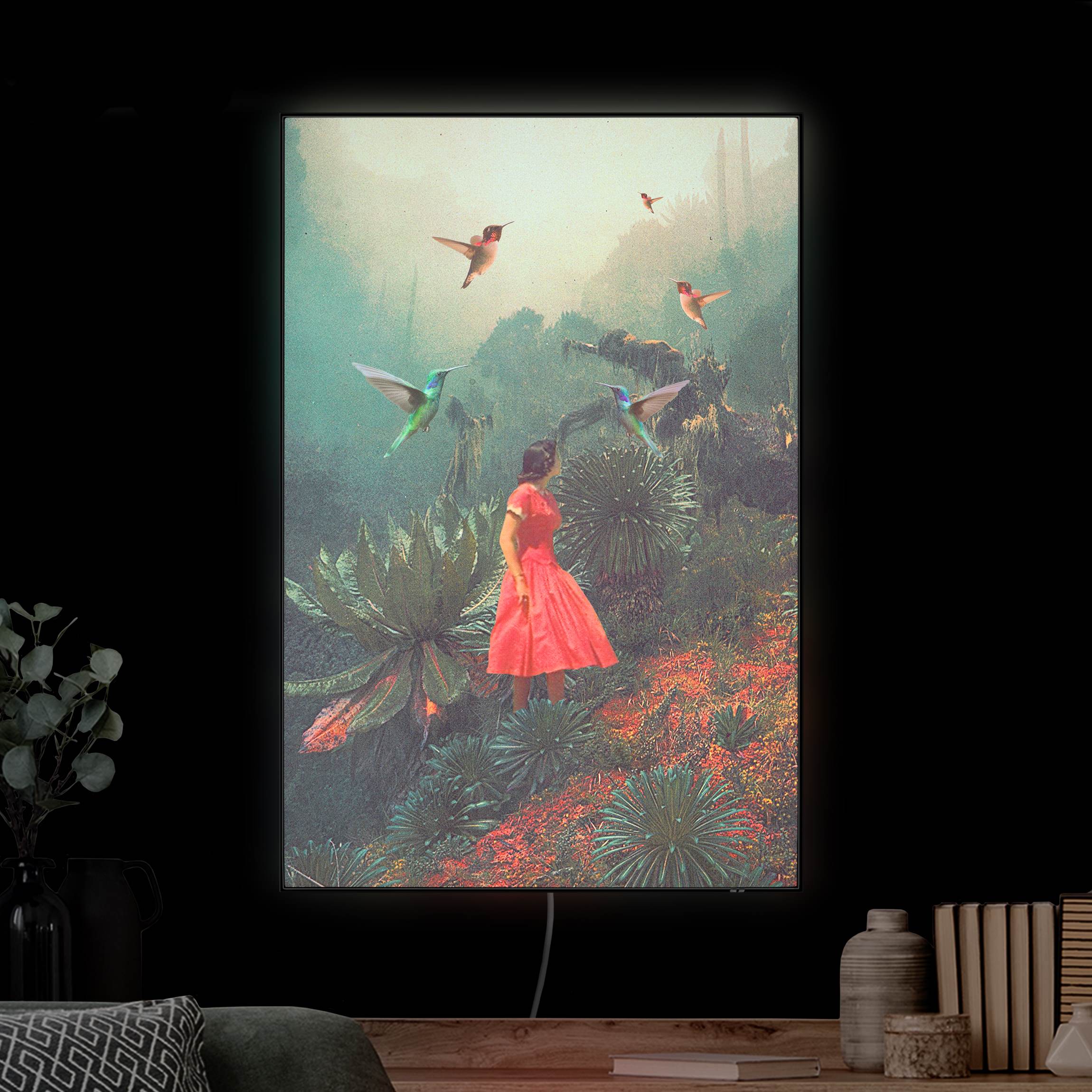 LED-Wechselbild Mädchen mit riesigen Vögeln