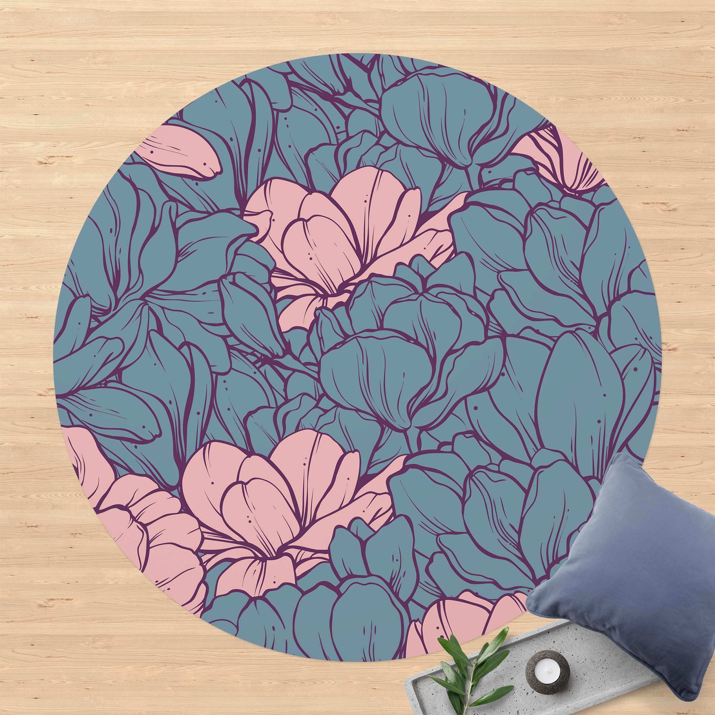 Runder Vinyl-Teppich Magnolien Blütenmeer Altrosa und Petrol