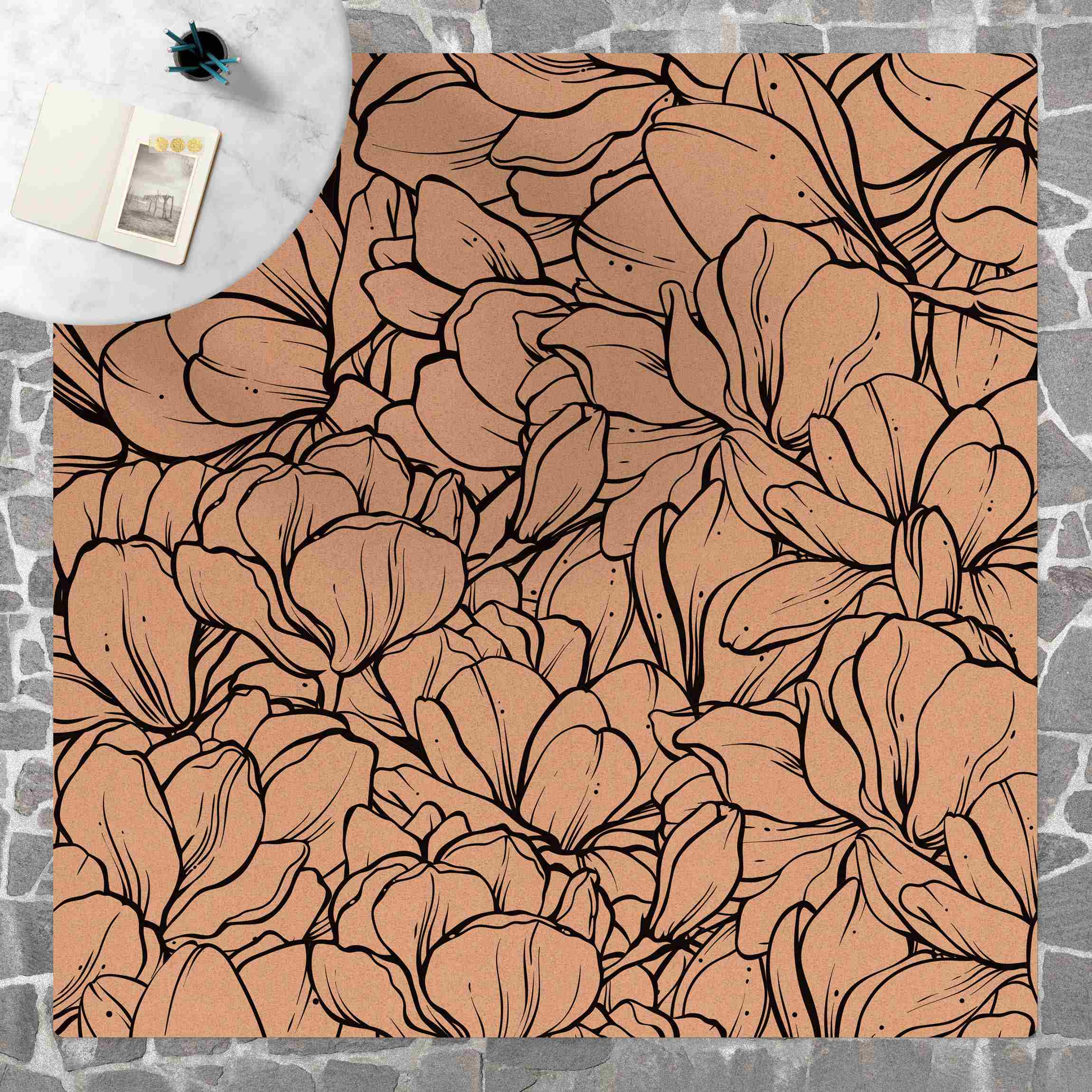 Kork-Teppich Magnolien Blütenmeer Schwarz Weiß