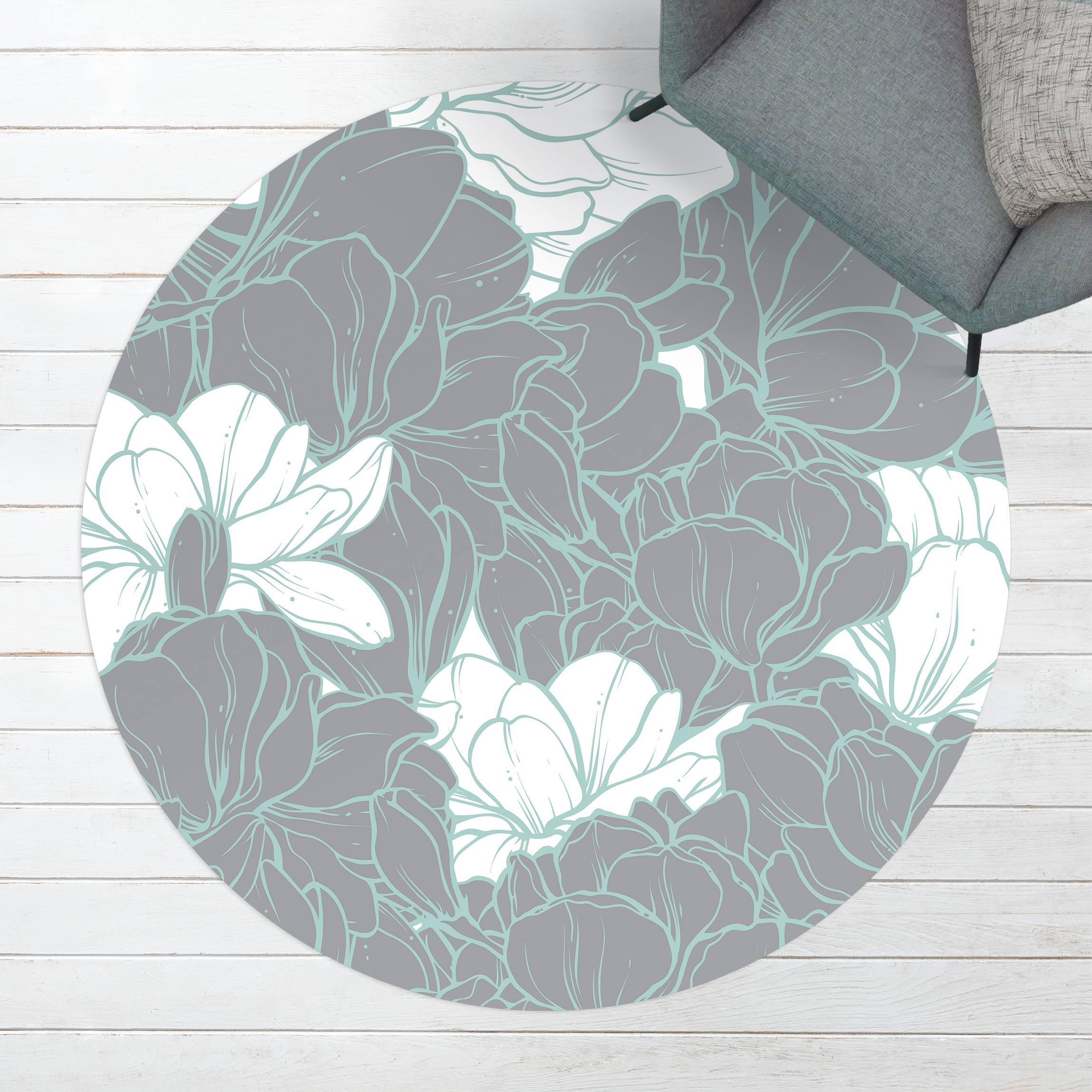 Runder Vinyl-Teppich Magnolien Blütenmeer Weiß Grau Mint