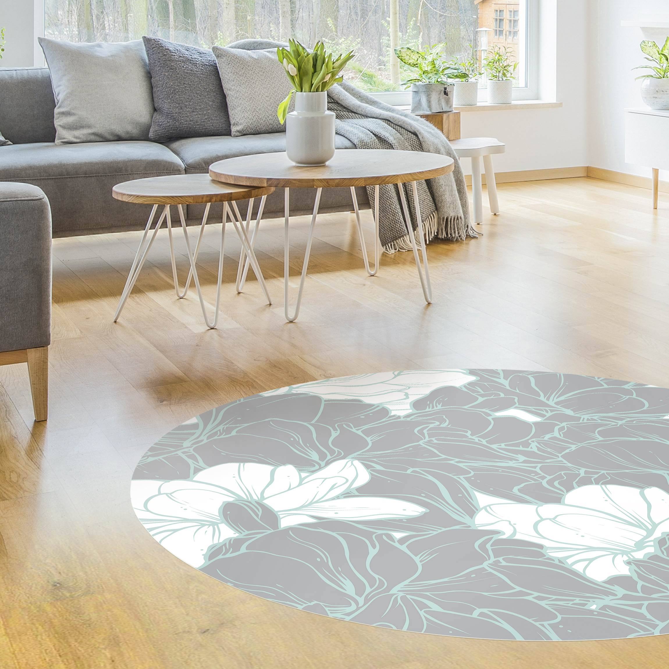 Runder Vinyl-Teppich Magnolien Blütenmeer Weiß Grau Mint