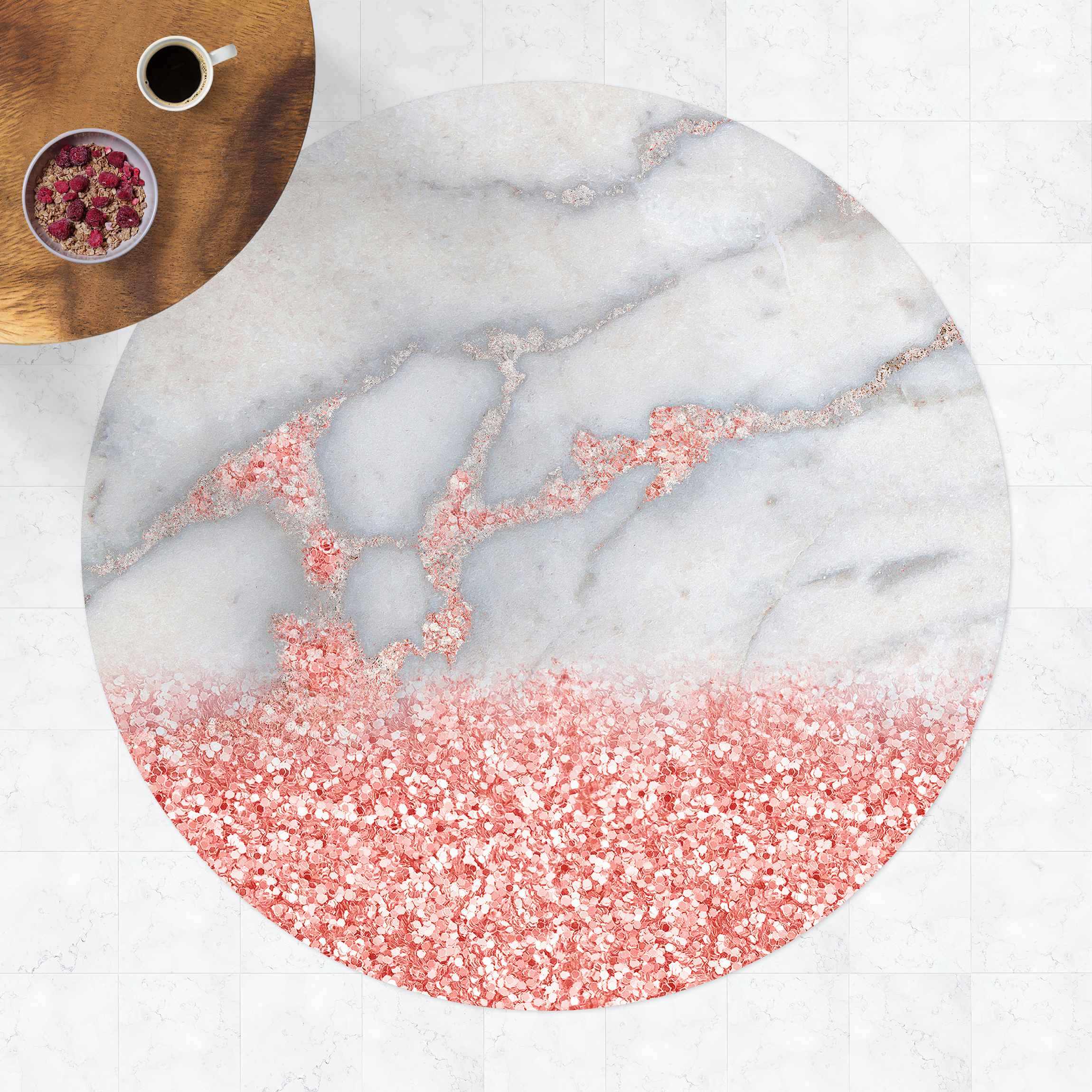 Runder Vinyl-Teppich Marmoroptik mit Rosa Konfetti