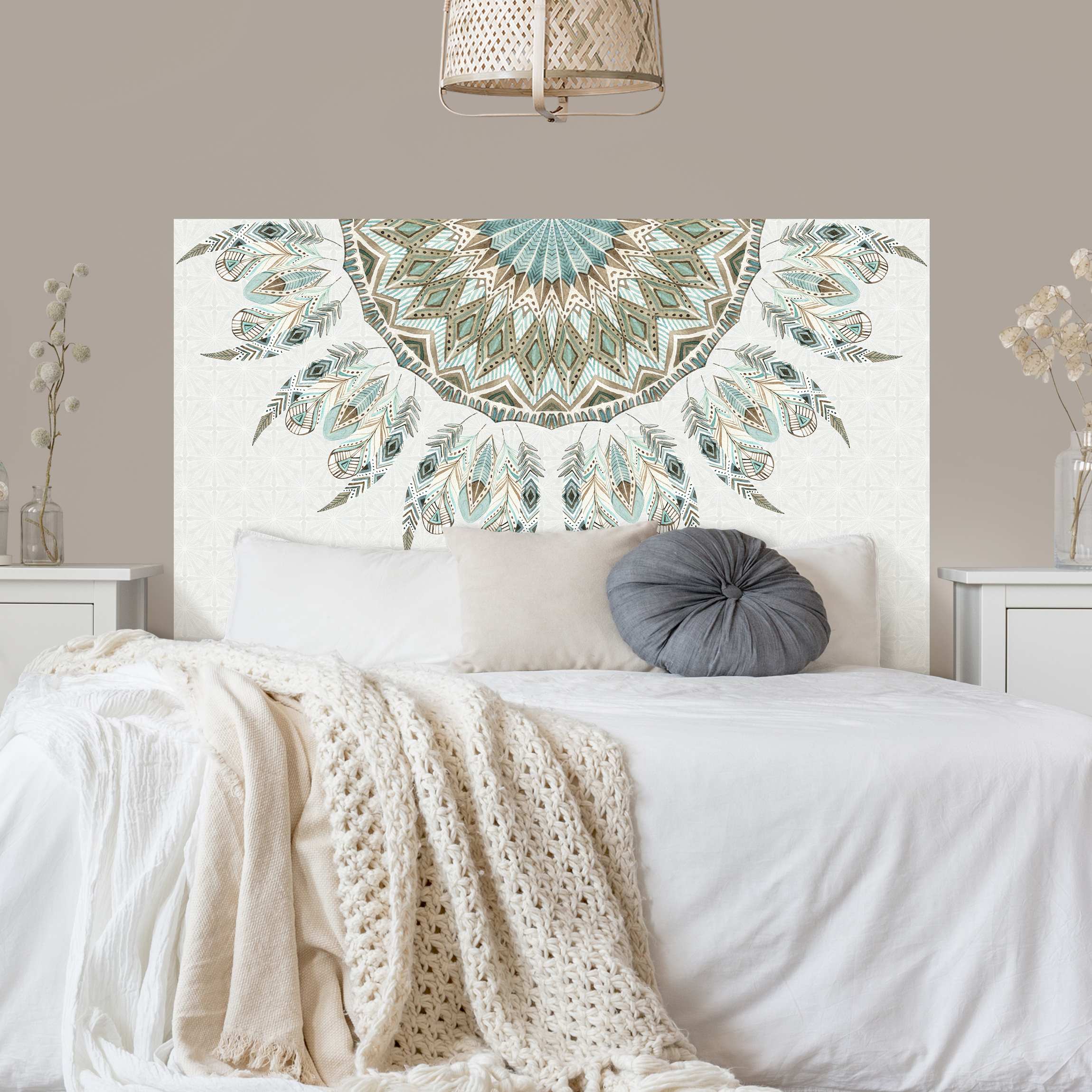 Kopfteil Bett Mandala Aquarell Federn halbkreis blau grün