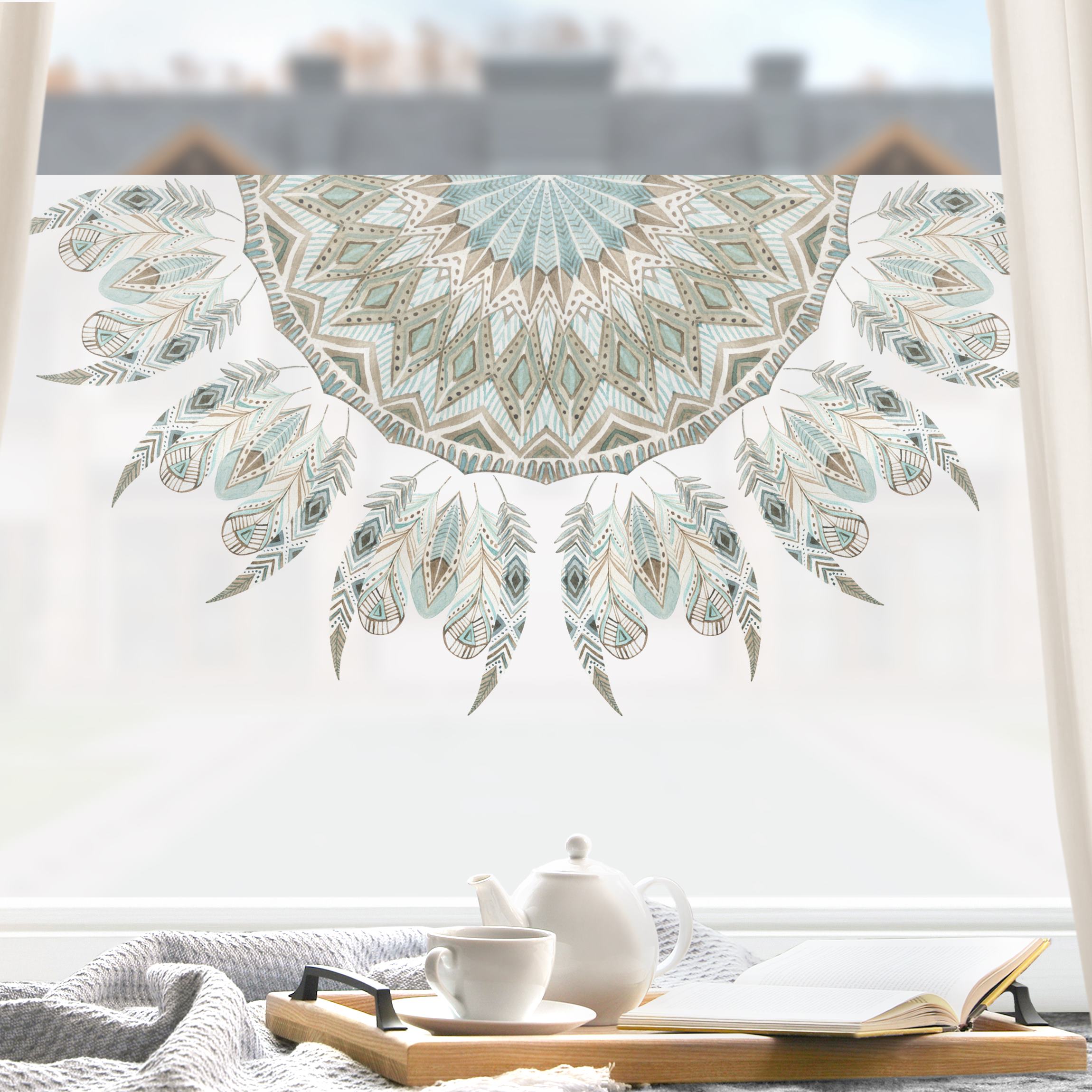 Fensterfolie Mandala Aquarell Federn halbkreis blau grün
