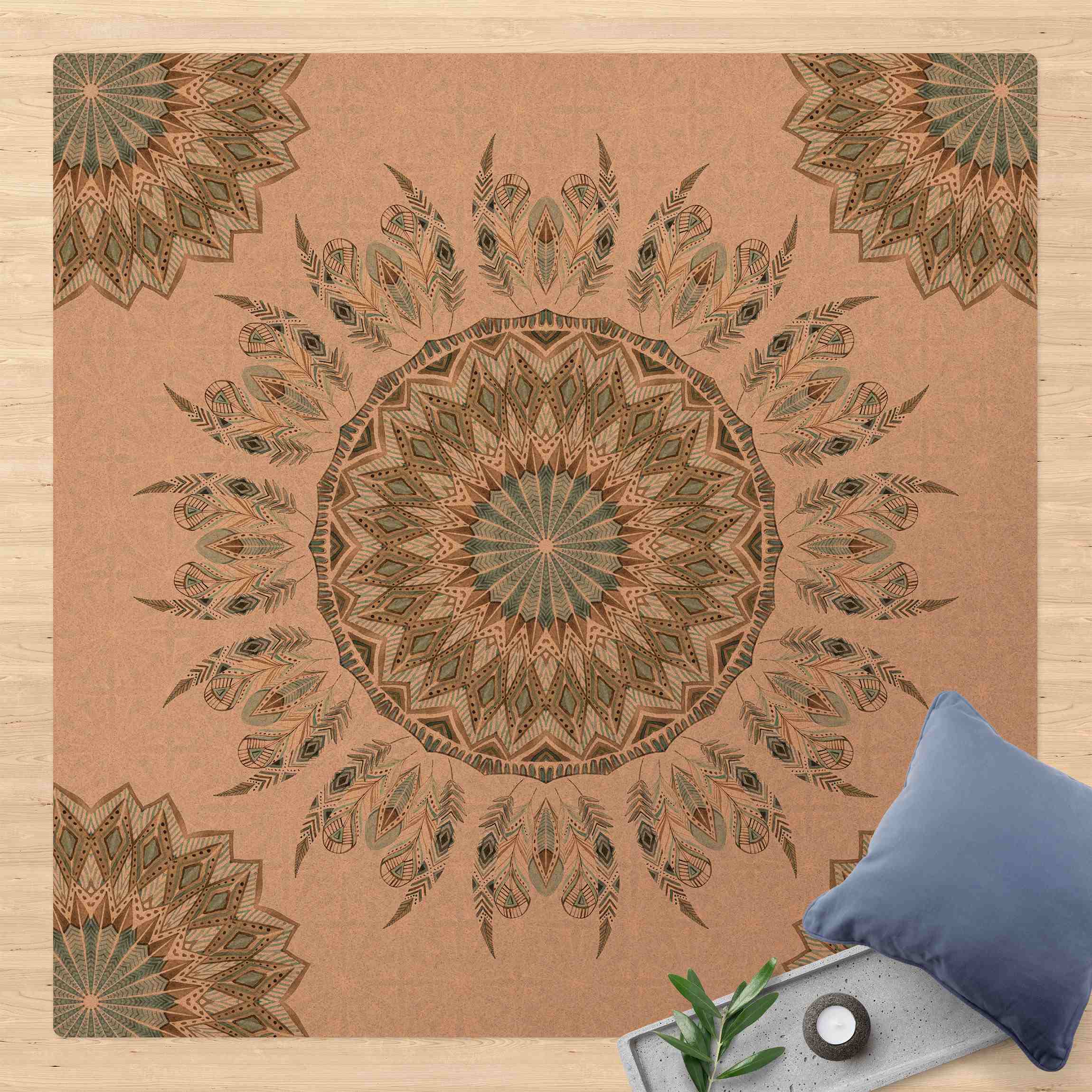 Kork-Teppich Mandala Aquarell Federn Muster blau grün