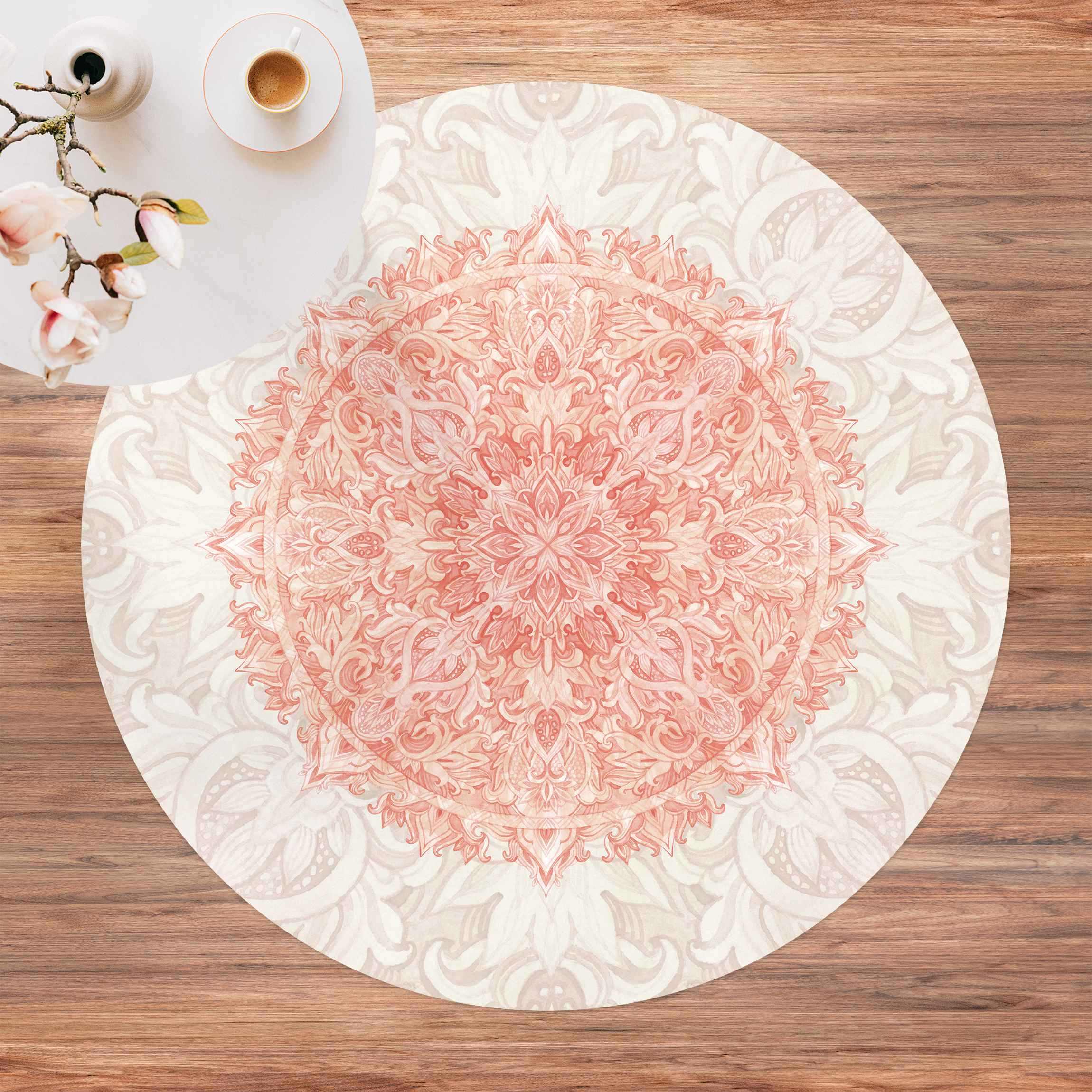 Runder Vinyl-Teppich Mandala Aquarell Ornament beige orange