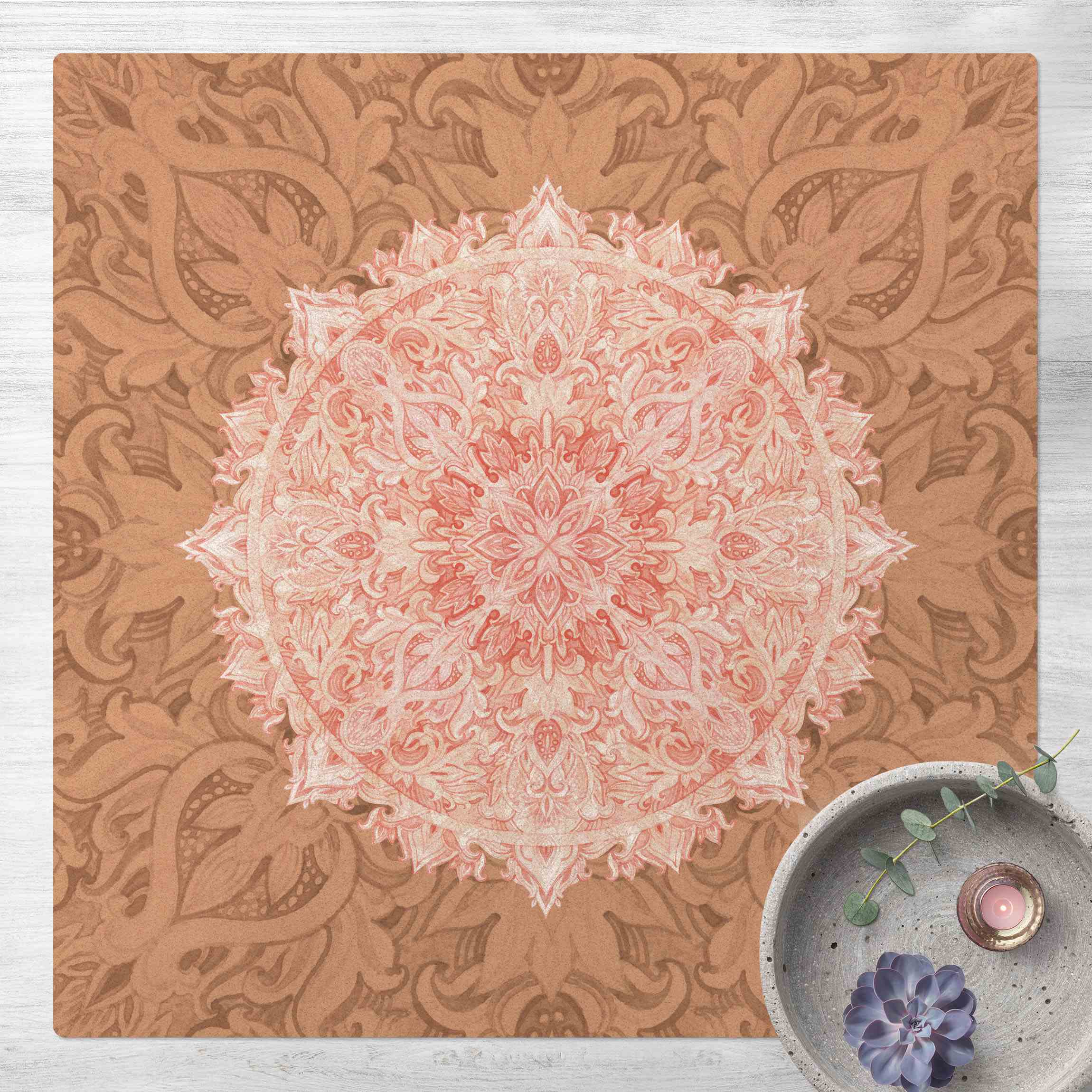 Kork-Teppich Mandala Aquarell Ornament beige orange