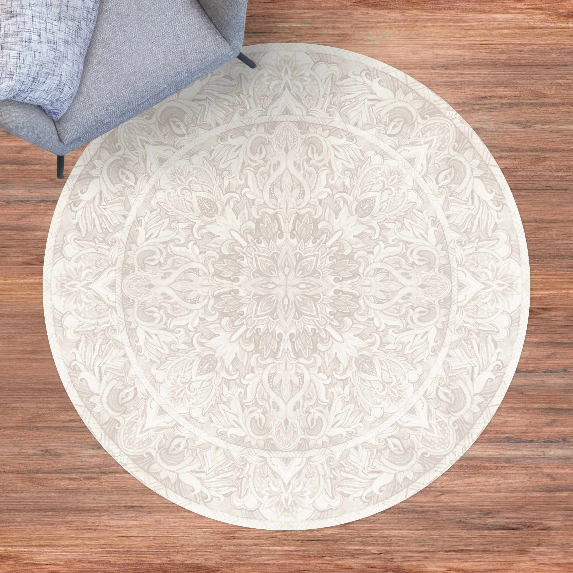 Runder Vinyl-Teppich Mandala Aquarell Ornament beige