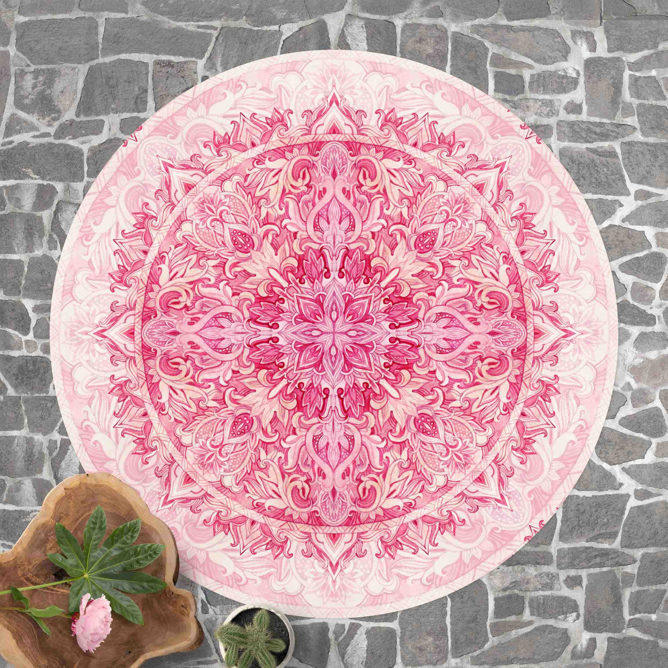 Runder Vinyl-Teppich Mandala Aquarell Ornament Muster pink