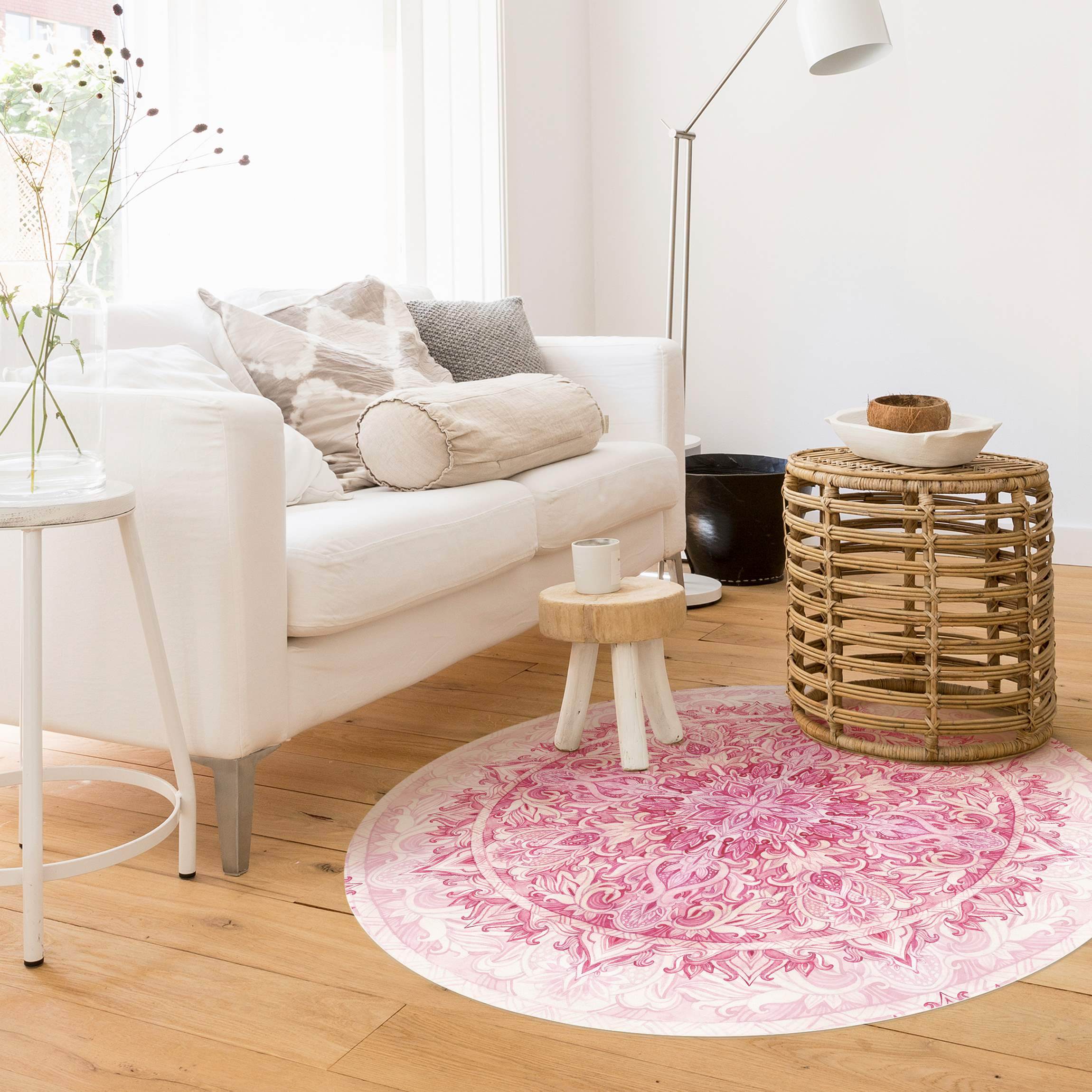 Runder Vinyl-Teppich Mandala Aquarell Ornament Muster pink