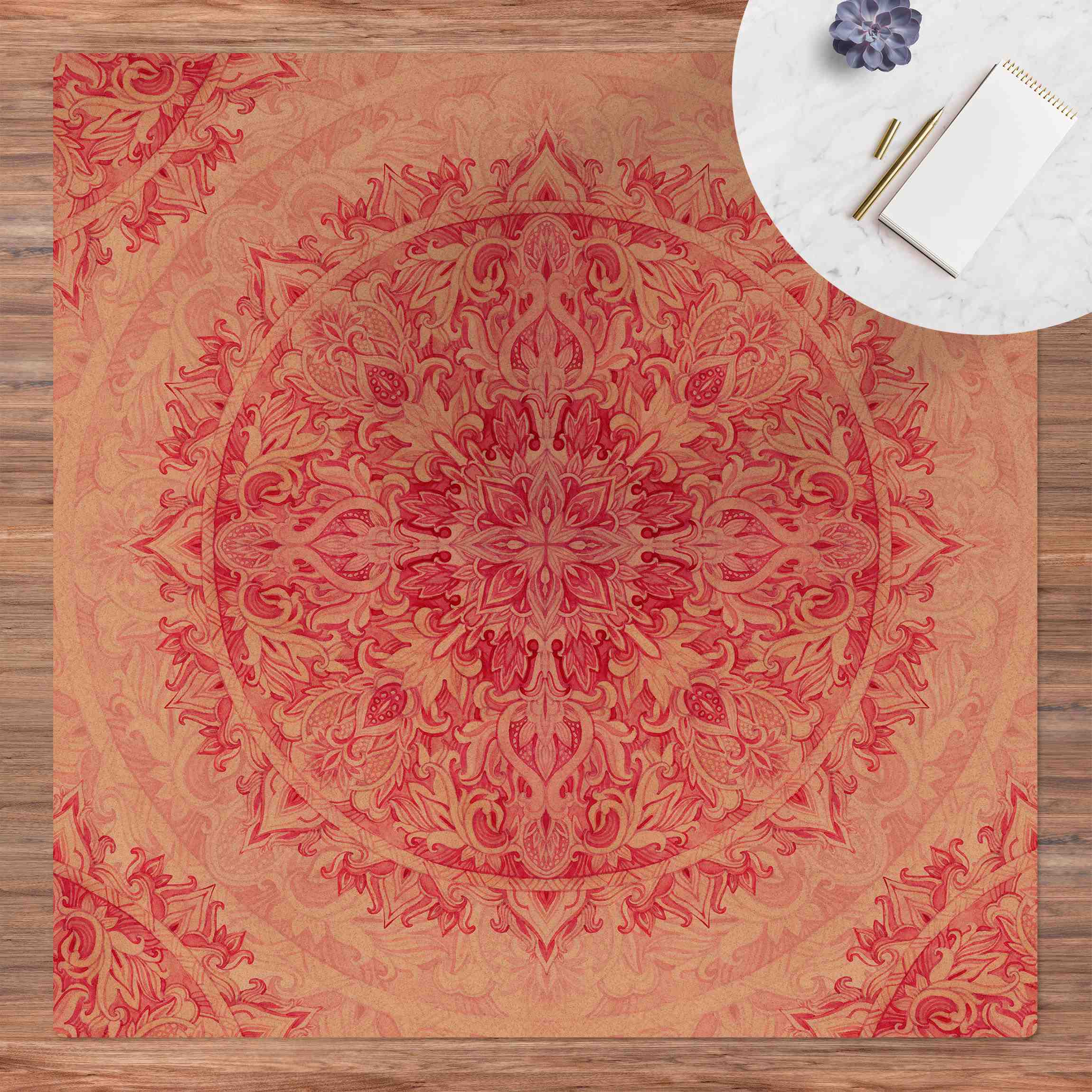 Kork-Teppich Mandala Aquarell Ornament Muster pink