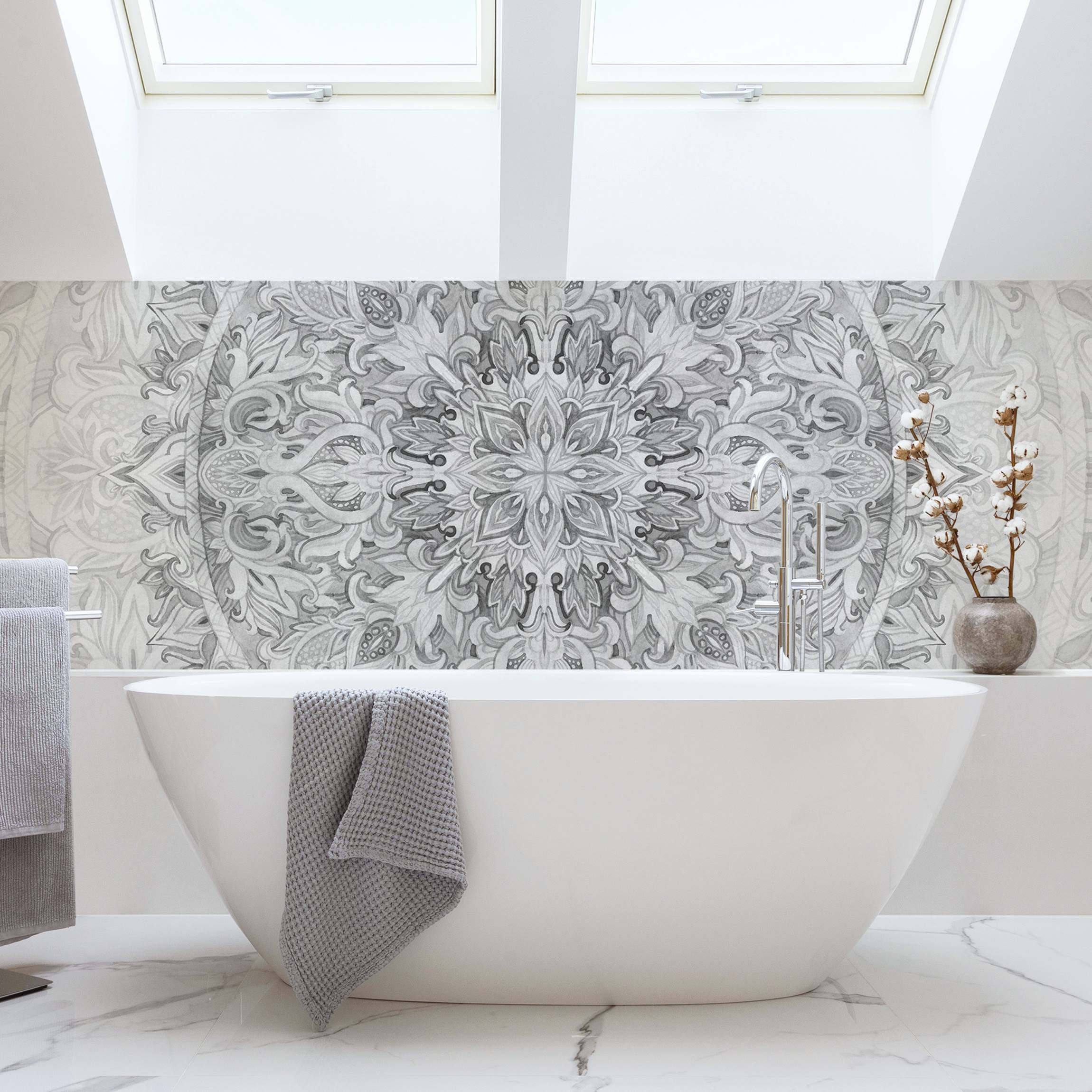 Wandverkleidung Bad Mandala Aquarell Ornament Muster Schwarz-Weiß