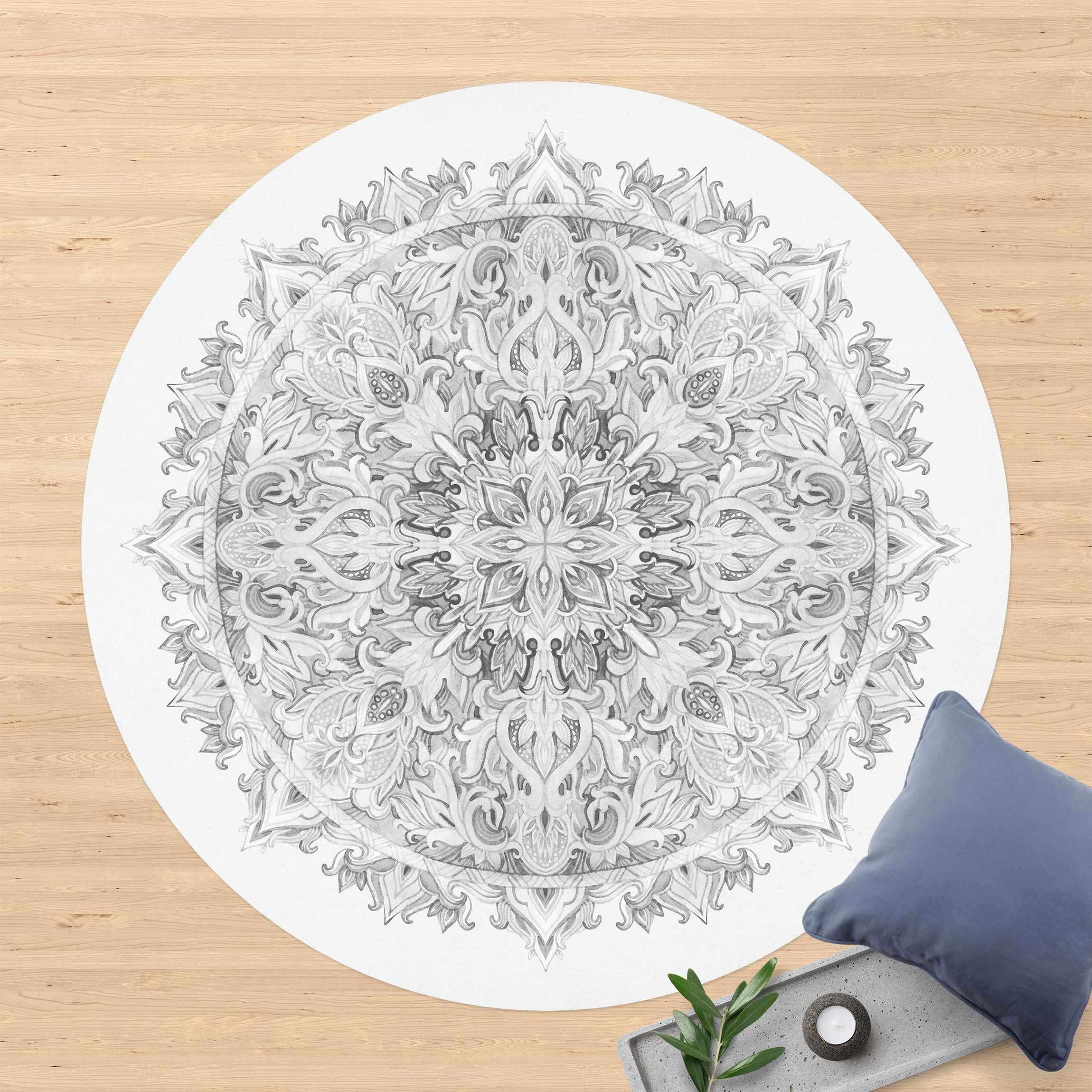 Runder Vinyl-Teppich Mandala Aquarell Ornament schwarz weiß