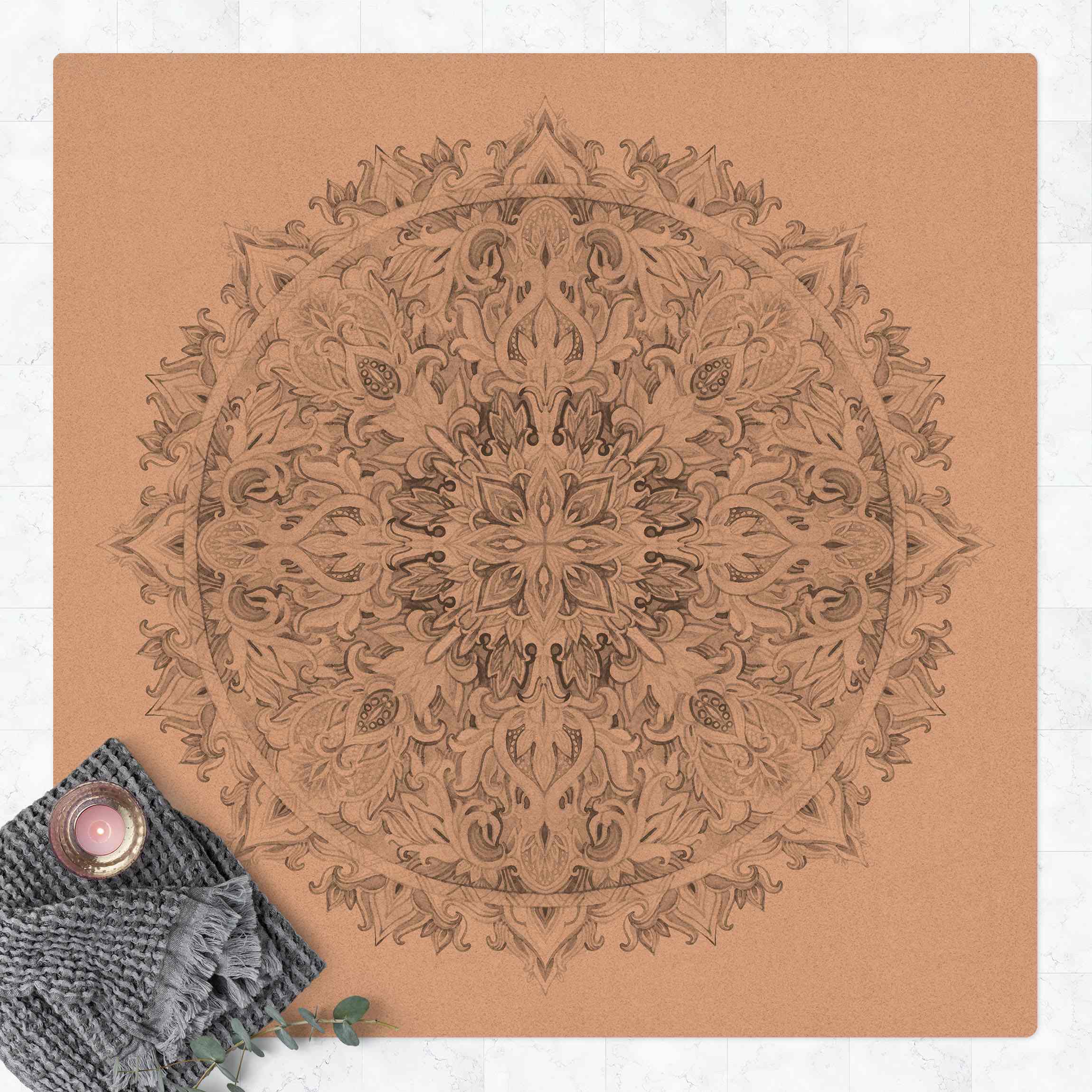 Kork-Teppich Mandala Aquarell Ornament schwarz weiß