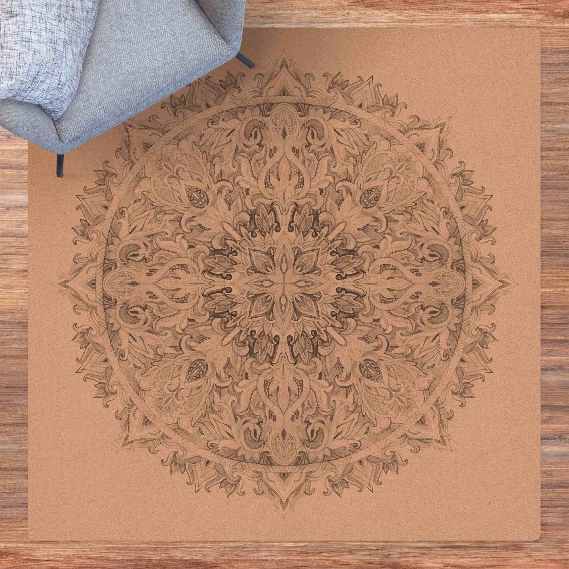 Kork-Teppich Mandala Aquarell Ornament schwarz weiß