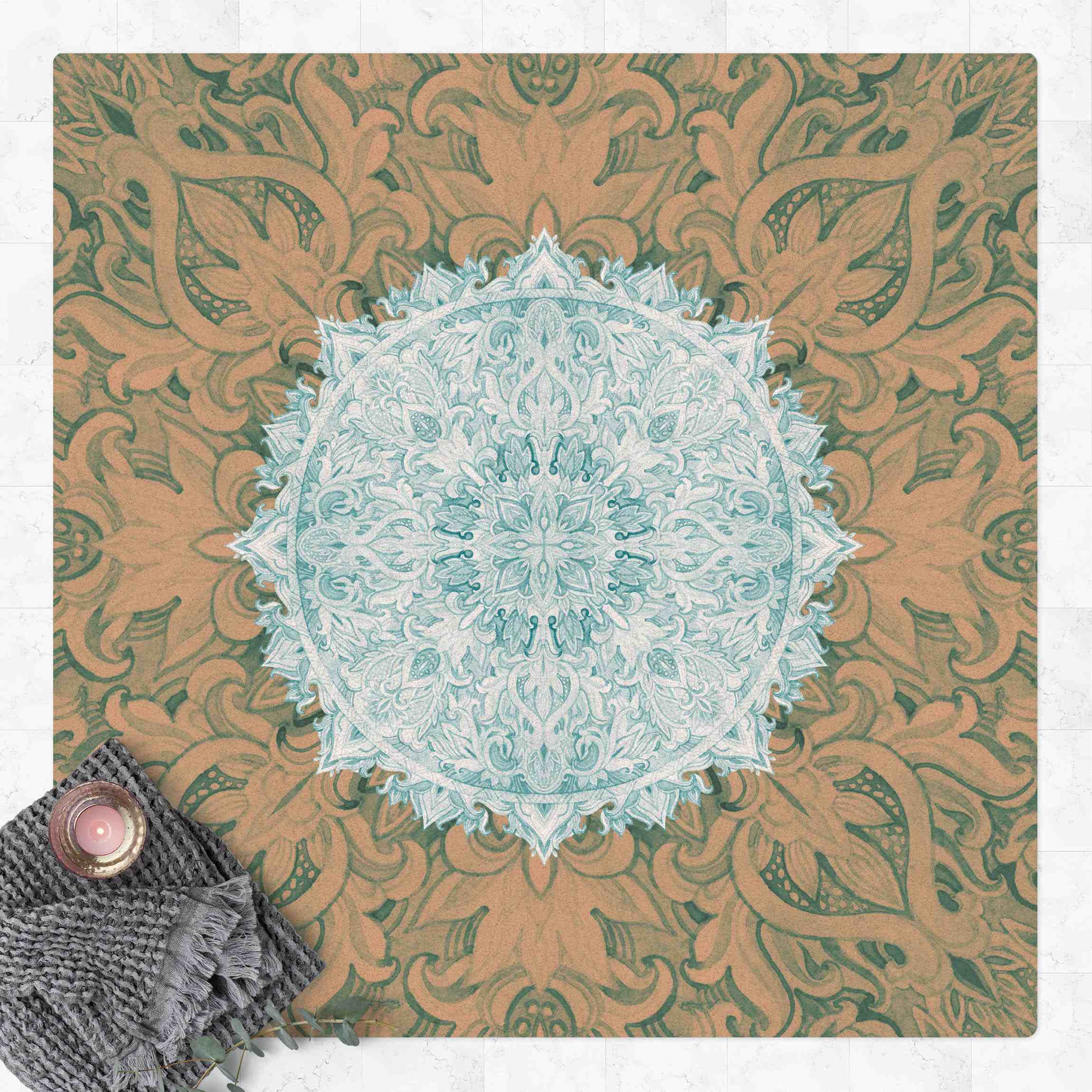 Kork-Teppich Mandala Aquarell Ornament türkis