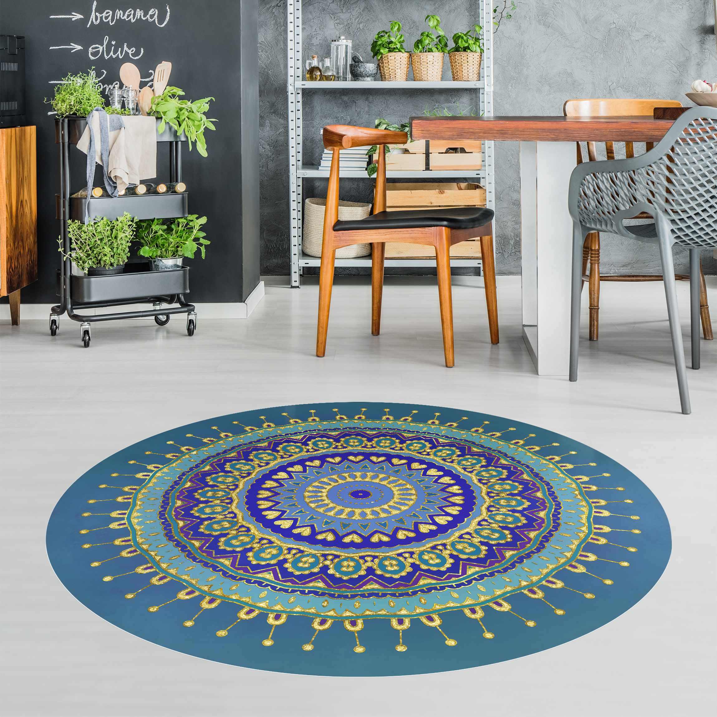 Runder Vinyl-Teppich Mandala Blau Gold
