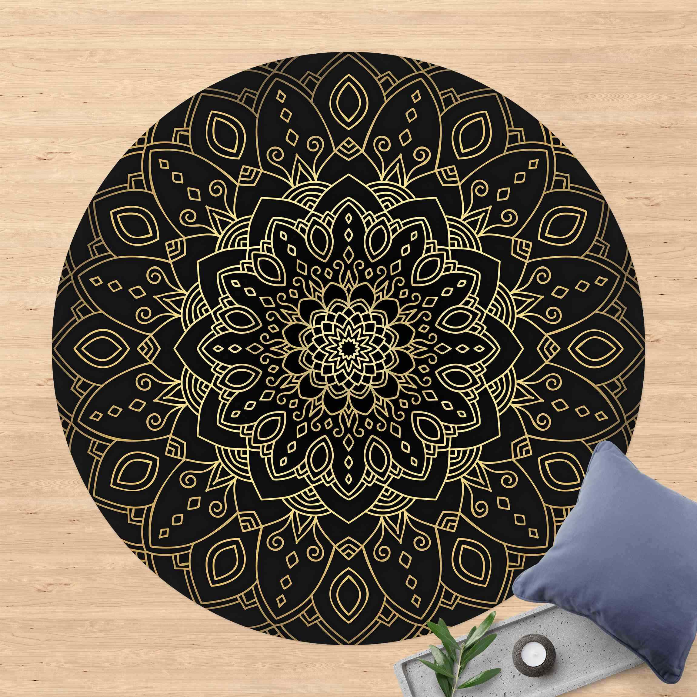 Runder Vinyl-Teppich Mandala Blüte Muster gold schwarz