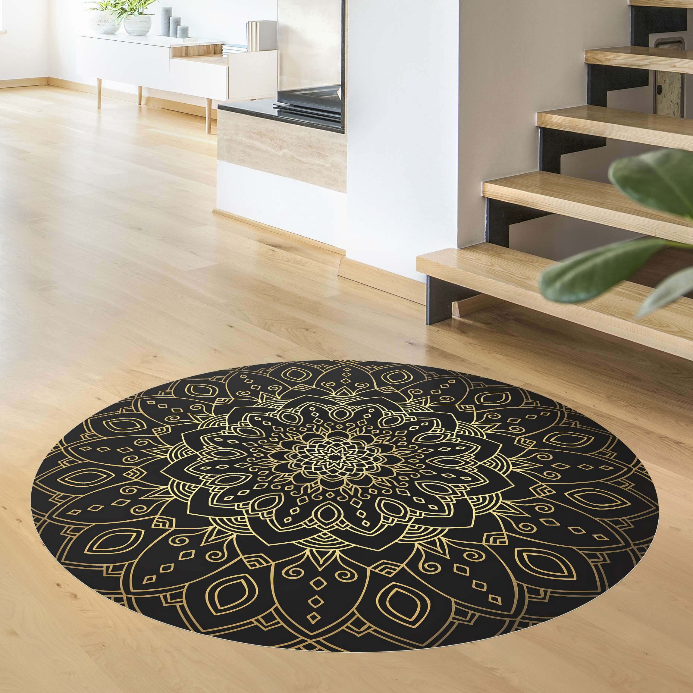 Runder Vinyl-Teppich Mandala Blüte Muster gold schwarz