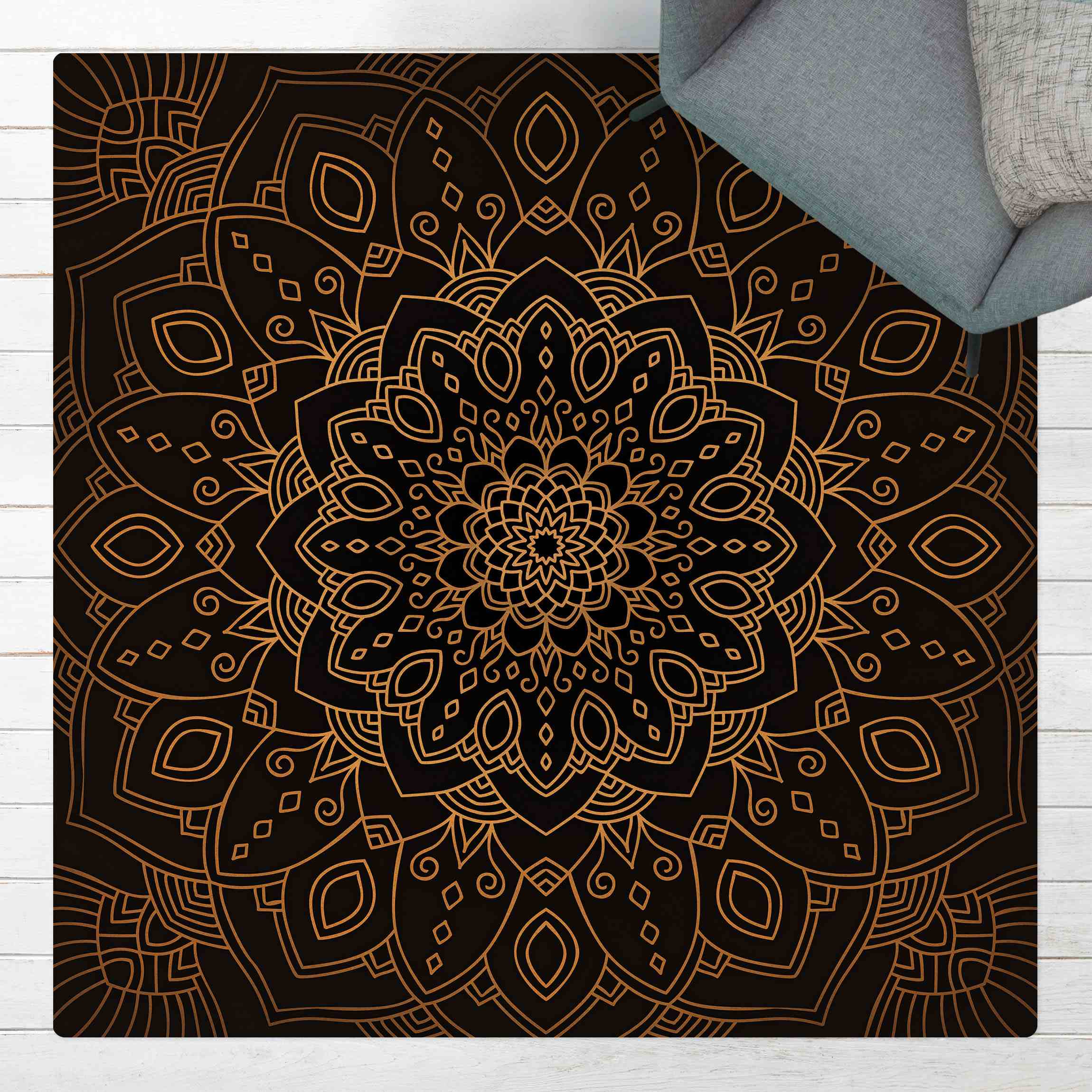 Kork-Teppich Mandala Blüte Muster gold schwarz