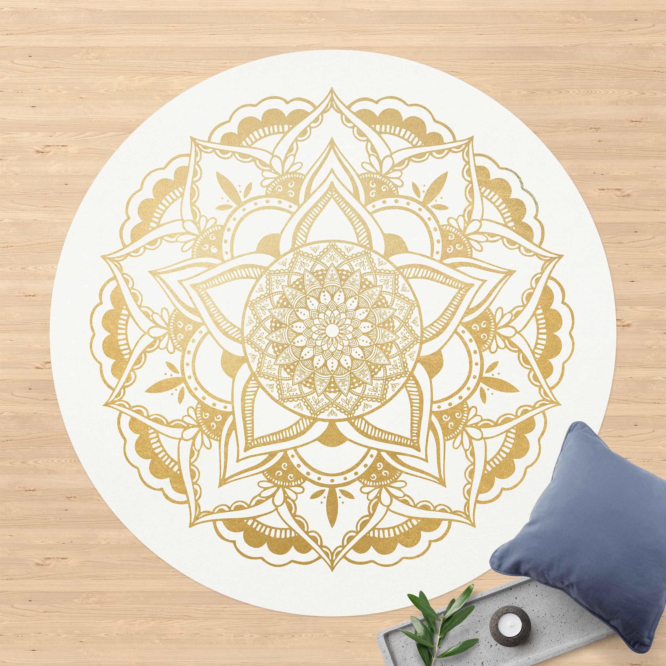 Runder Vinyl-Teppich Mandala Blume gold weiß