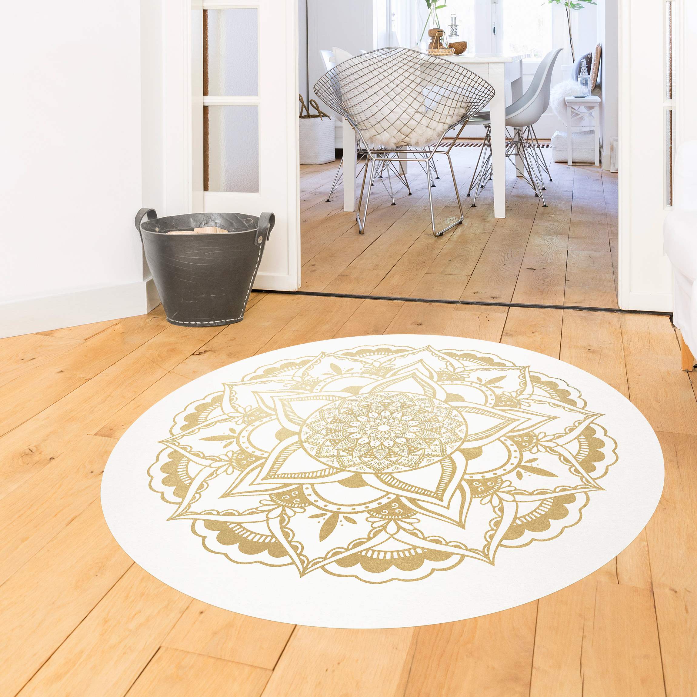 Runder Vinyl-Teppich Mandala Blume gold weiß