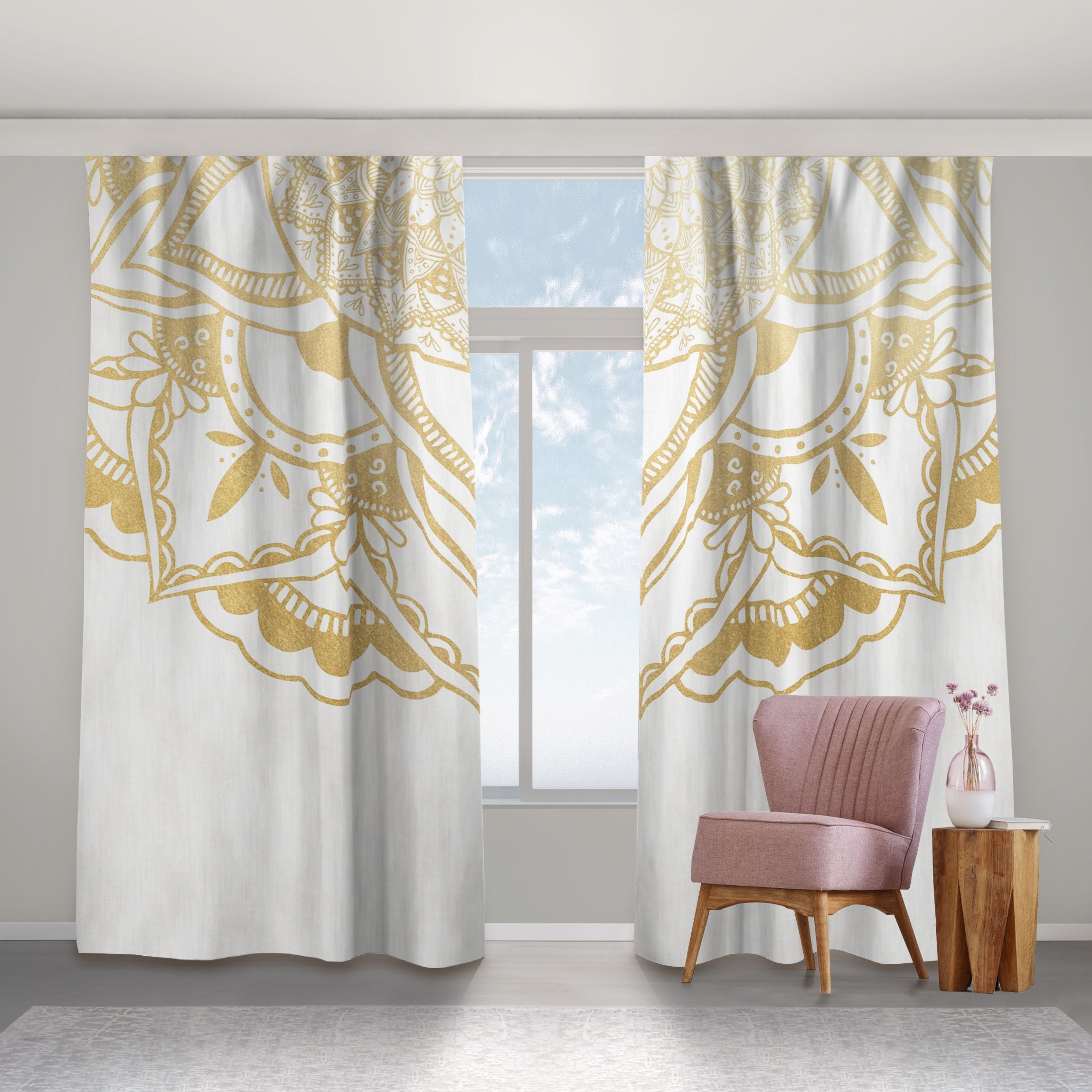 Vorhang Mandala Blume Halbkreis gold weiß