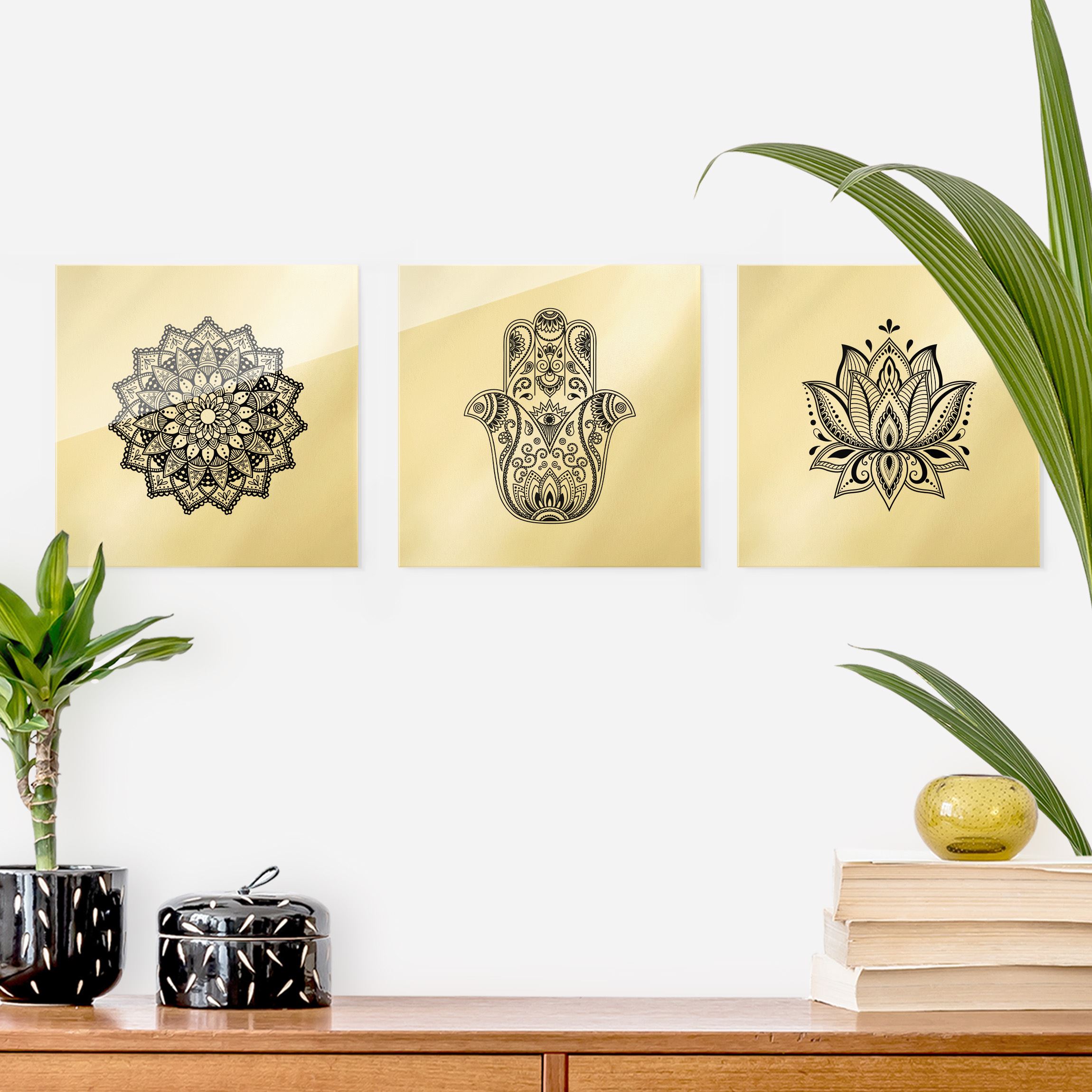 3-teiliges Glasbild Mandala Hamsa Hand Lotus Set auf Weiß