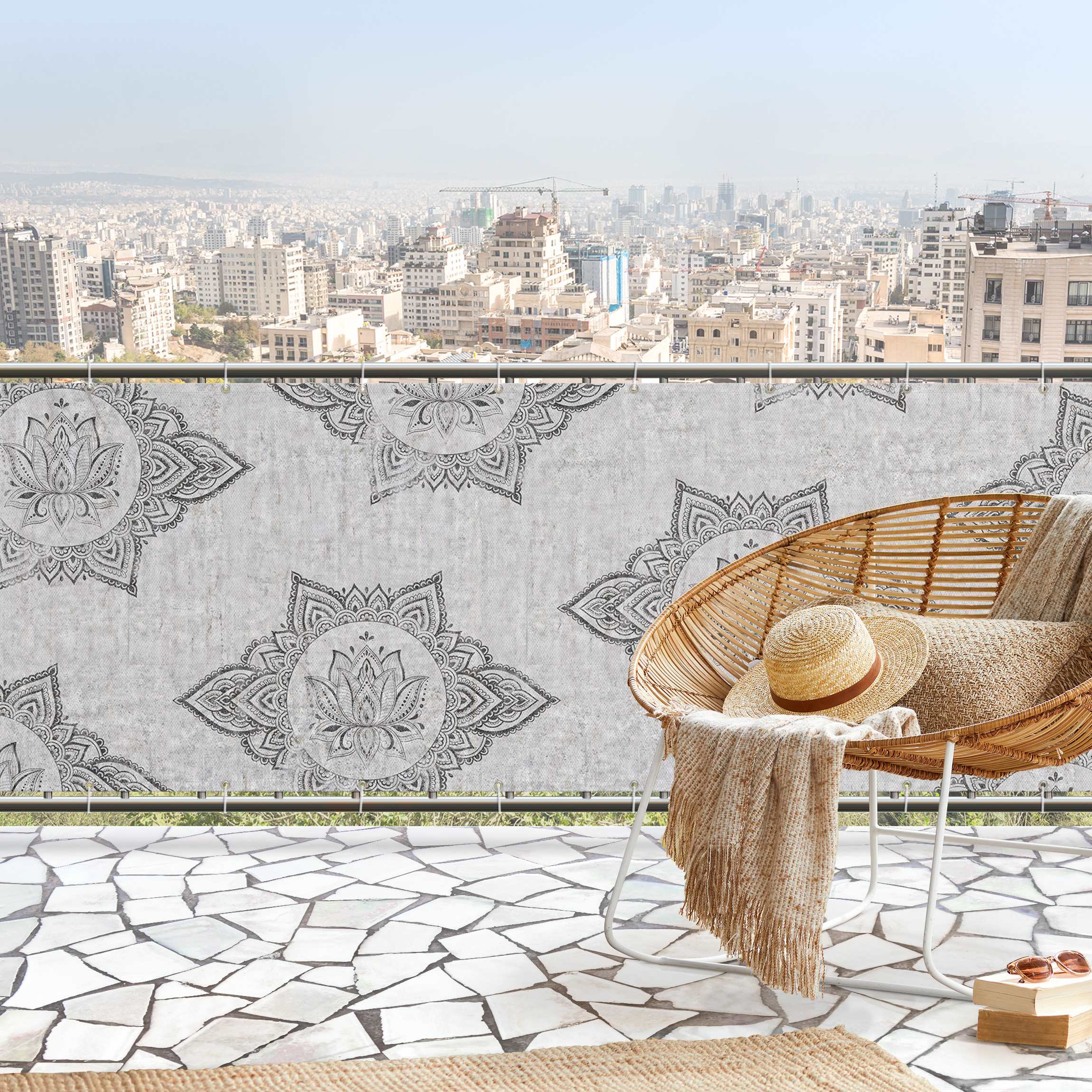 Balkon Sichtschutz Mandala Lotus Betonoptik