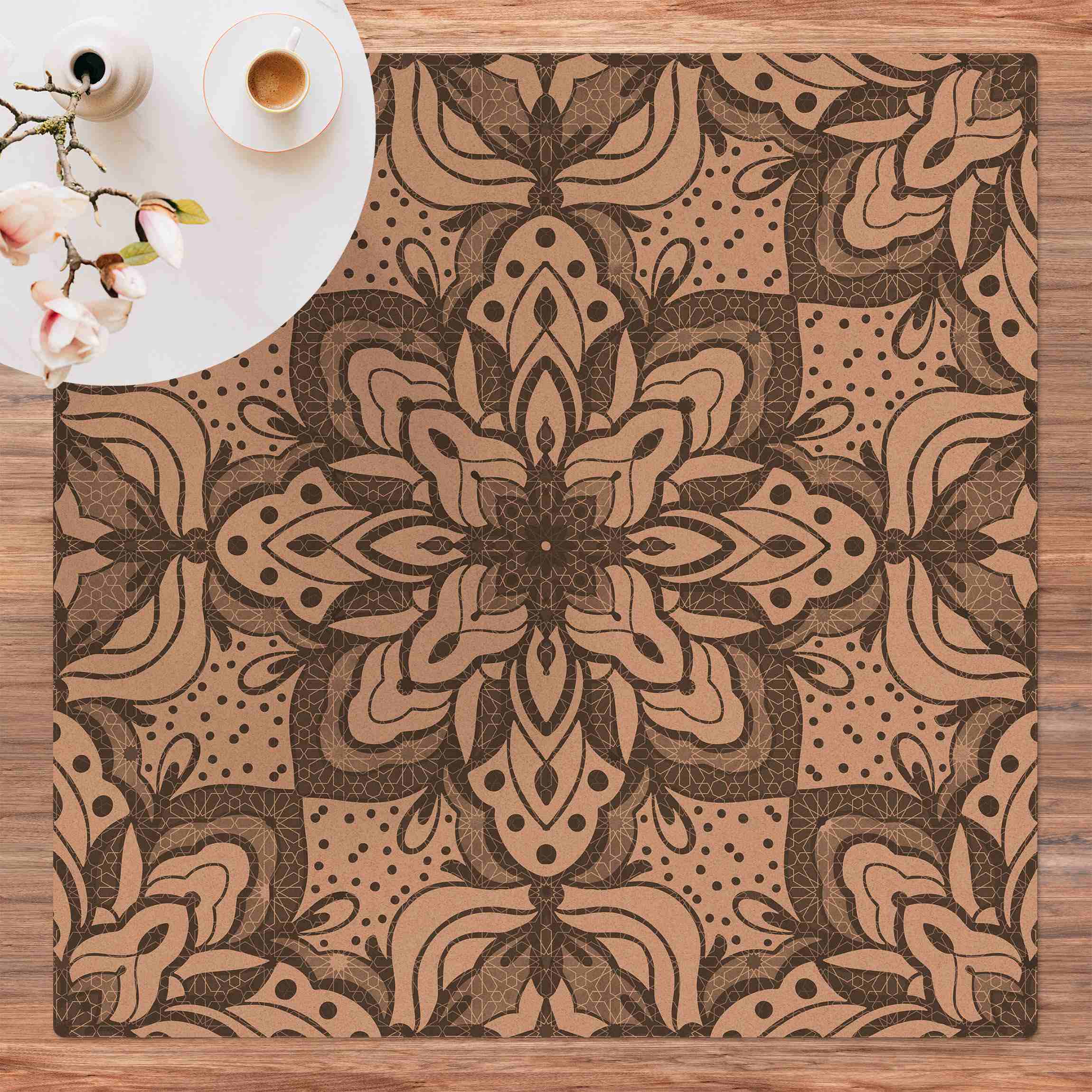 Kork-Teppich Mandala mit Raster und Punkten in Grau