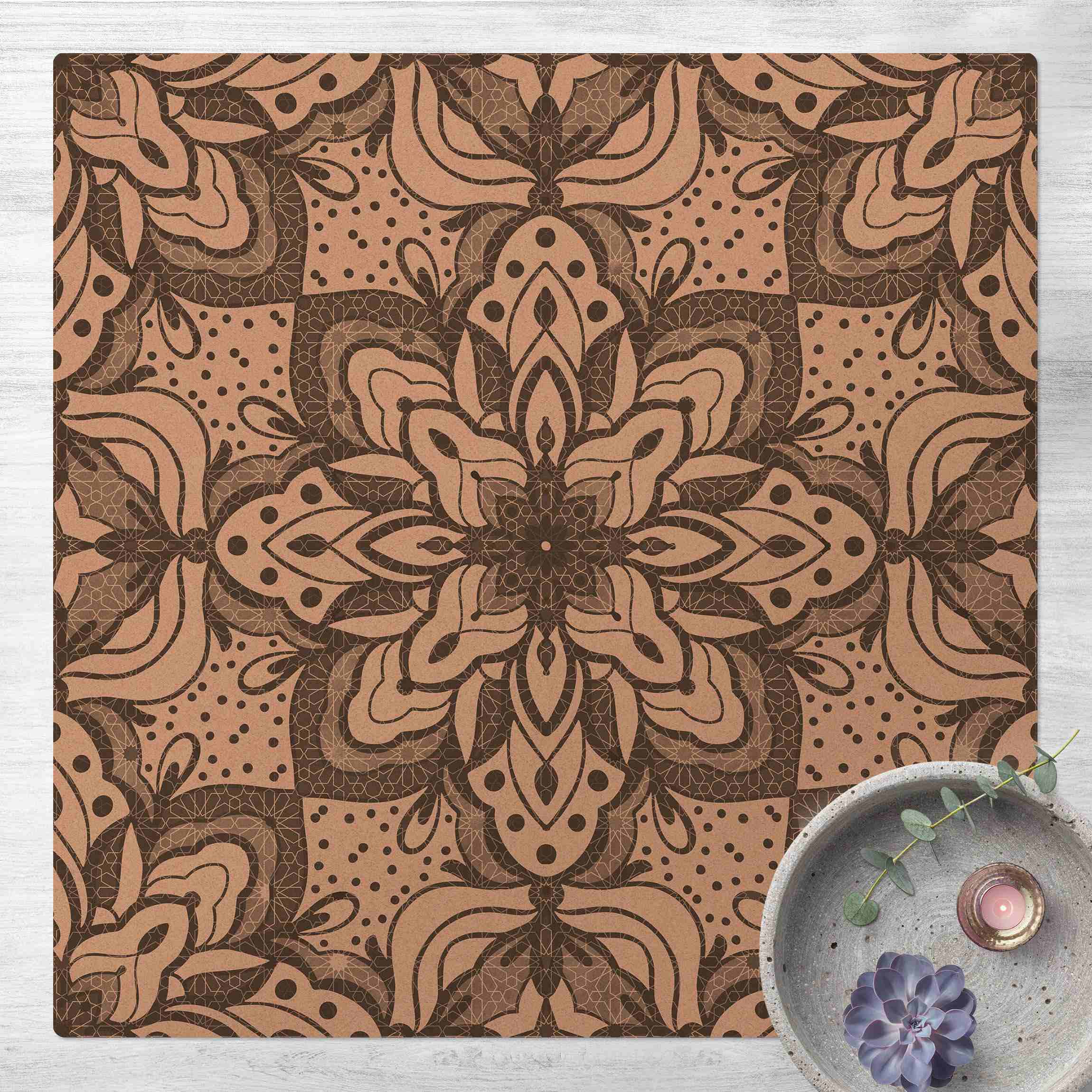 Kork-Teppich Mandala mit Raster und Punkten in Grau
