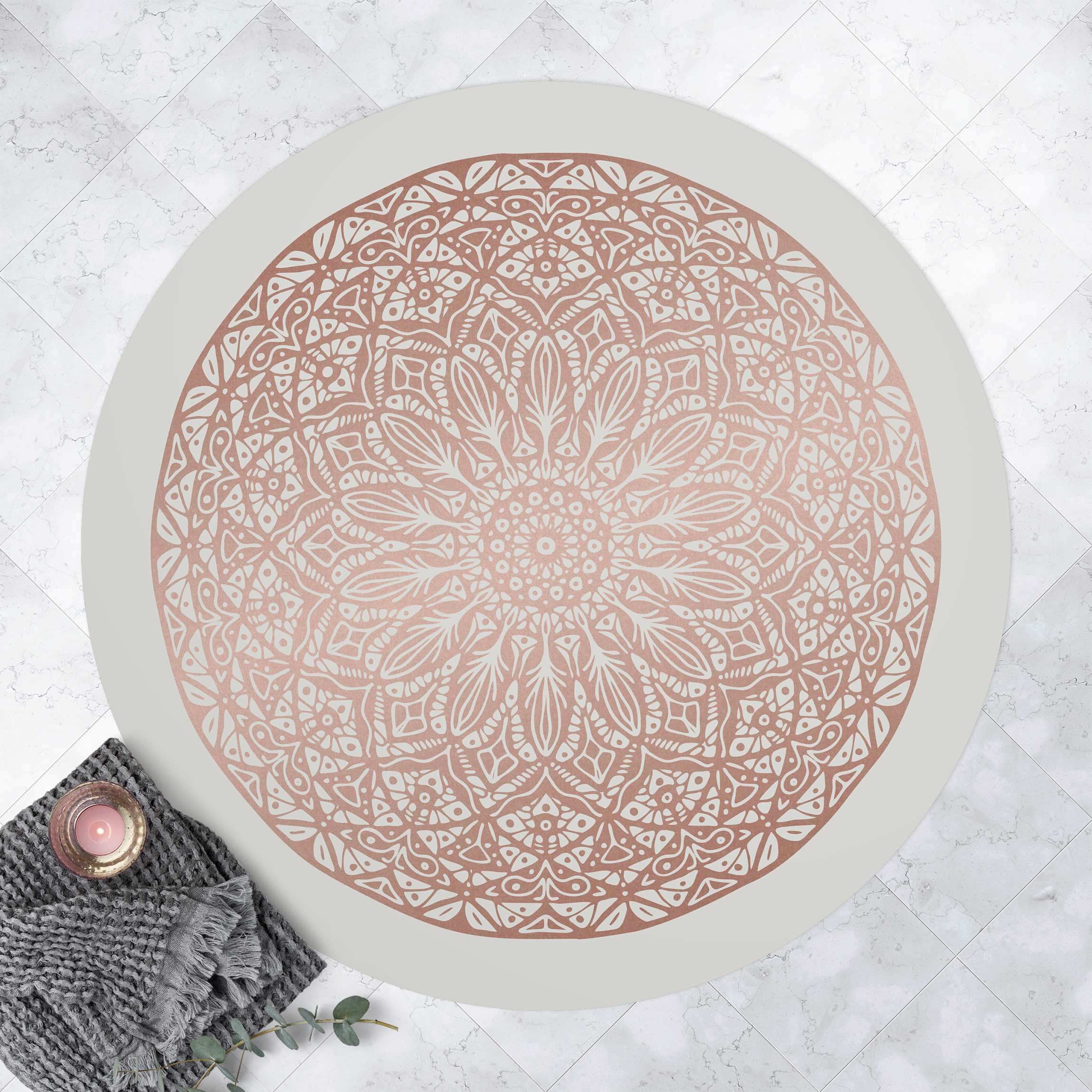 Runder Vinyl-Teppich Mandala Ornament in Kupfergold