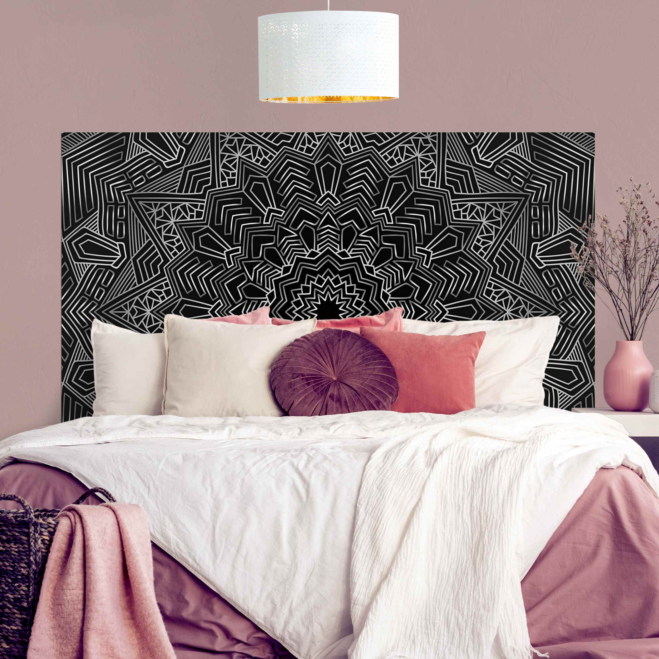 Kopfteil Bett Mandala Stern Muster silber schwarz
