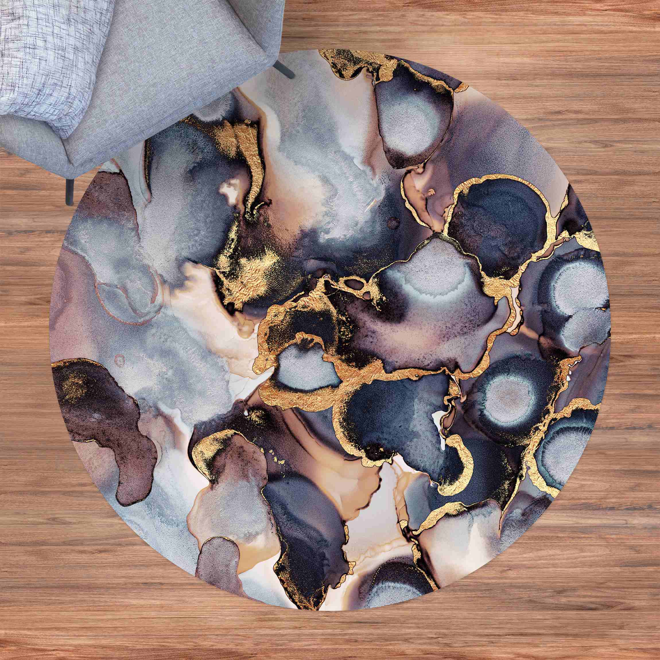 Runder Vinyl-Teppich Marmor Aquarell mit Gold