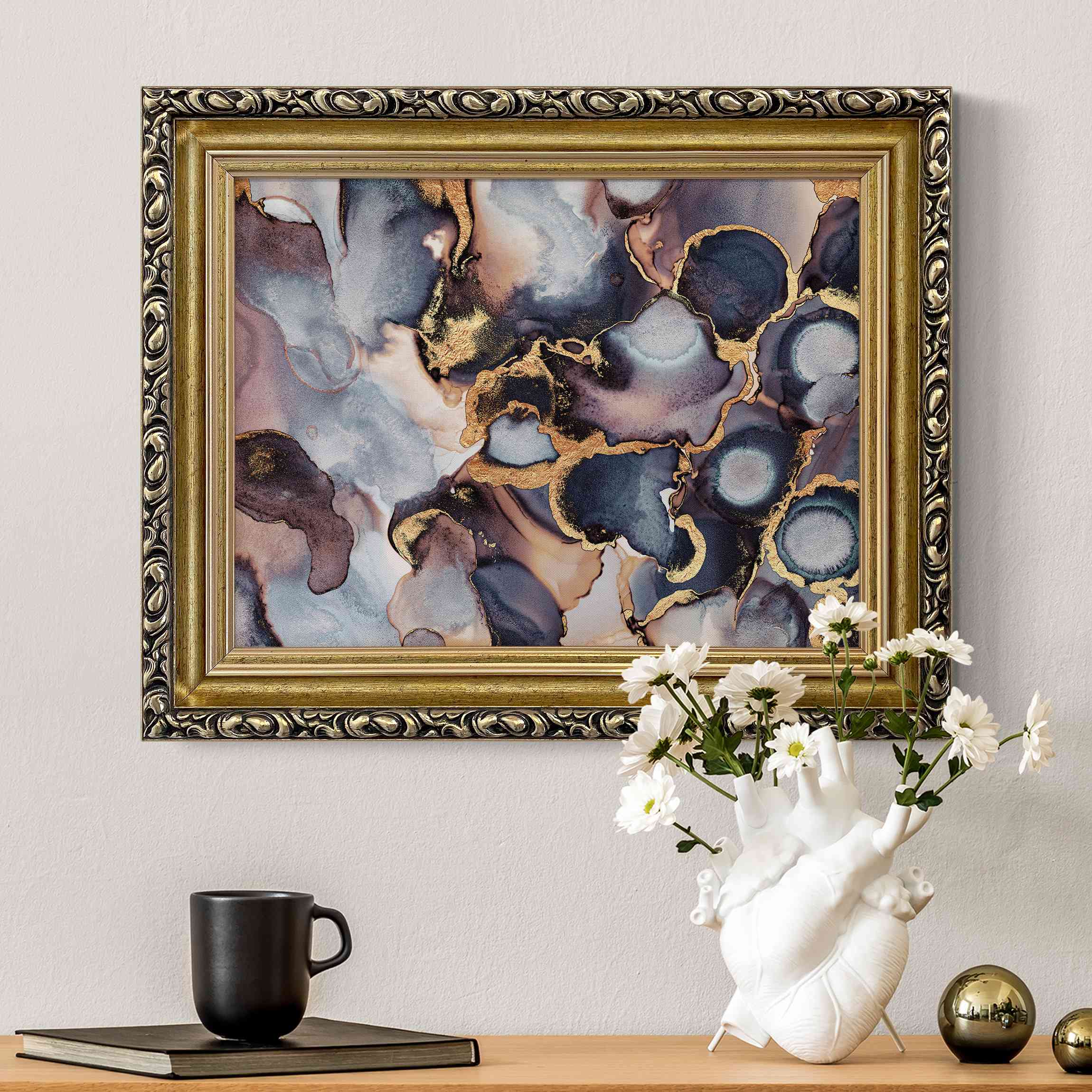 Leinwandbild mit Barockrahmen Marmor Aquarell mit Gold