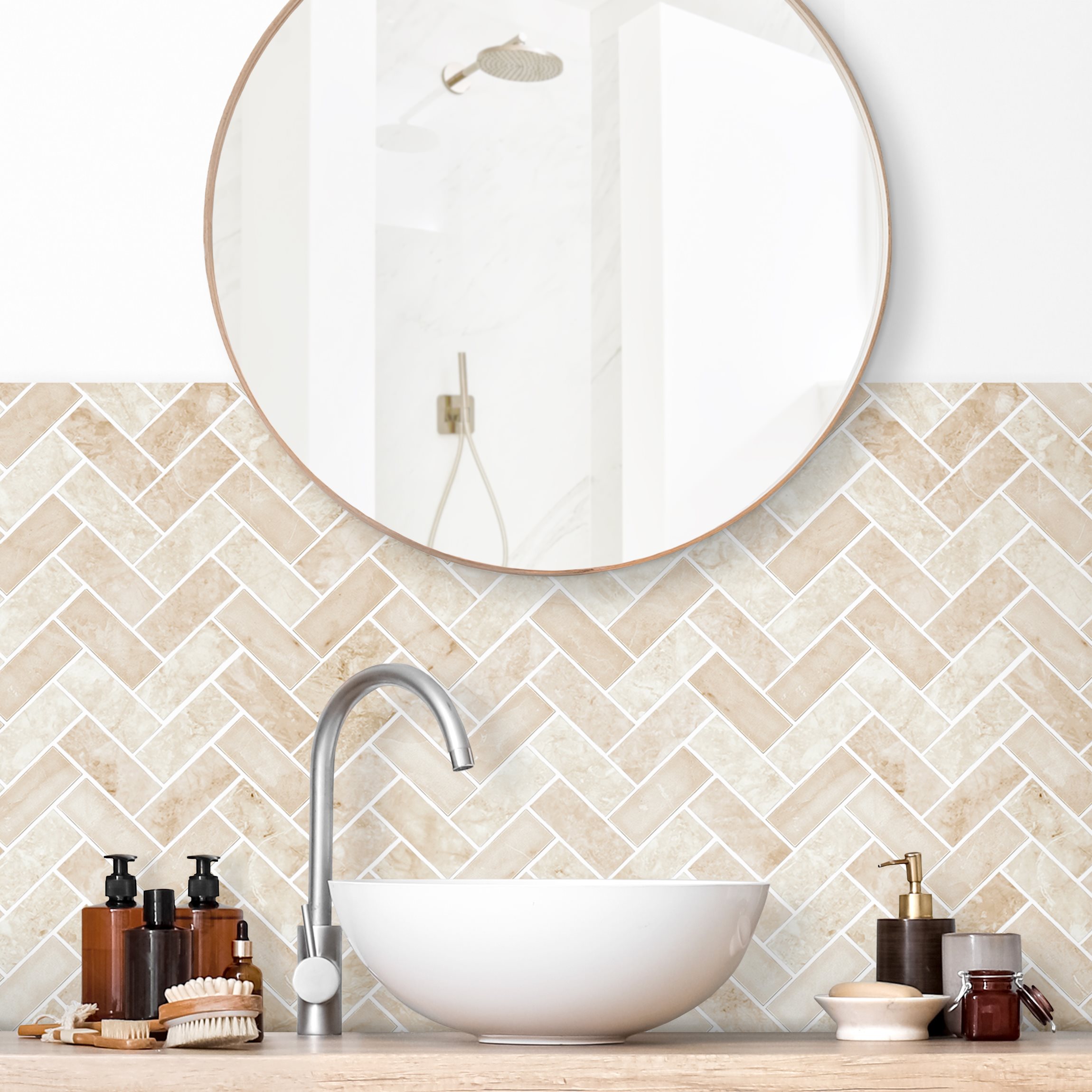 Wandverkleidung Bad Marmor Fischgräten Fliesen - Beige