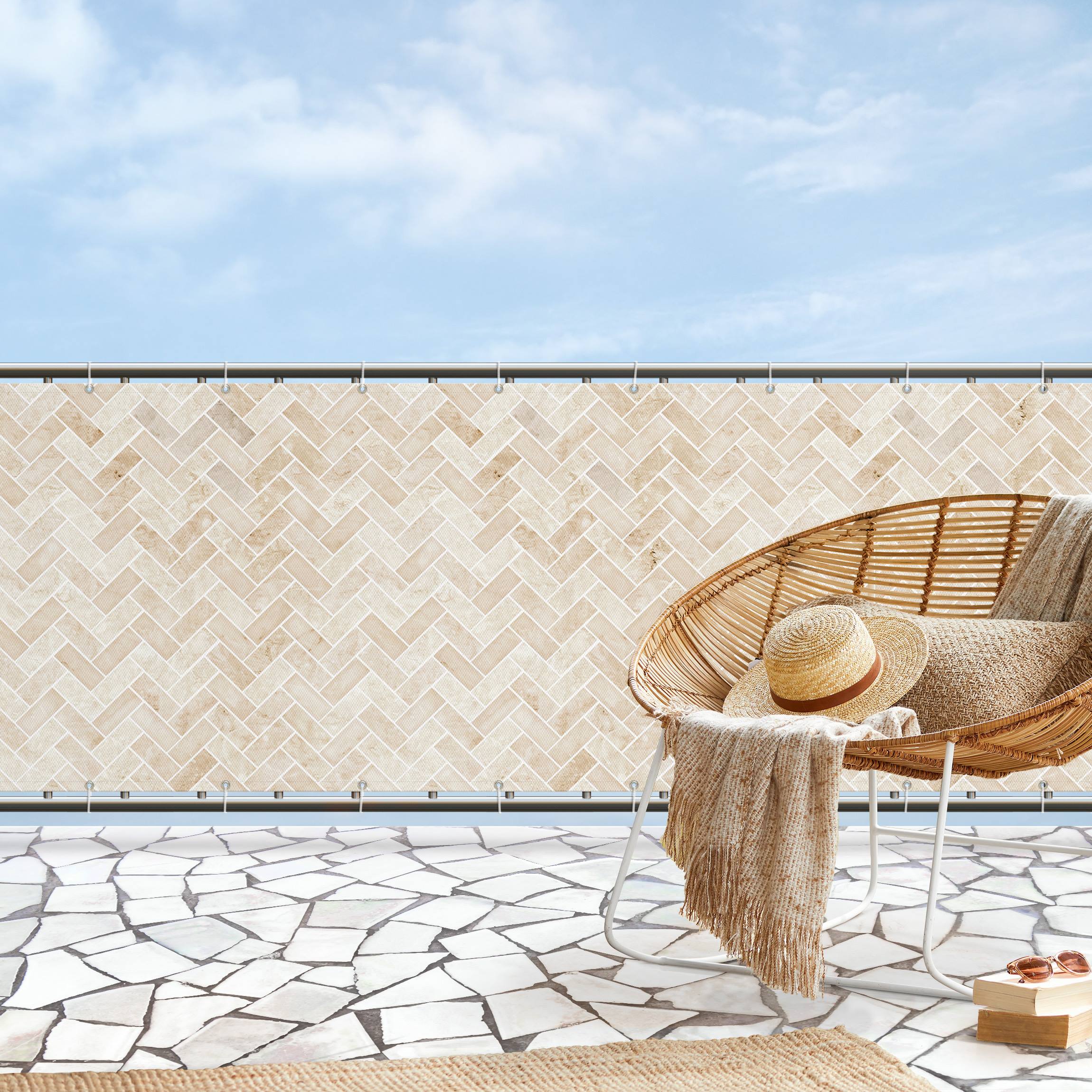 Balkon Sichtschutz Marmor Fischgräten Fliesen - Beige