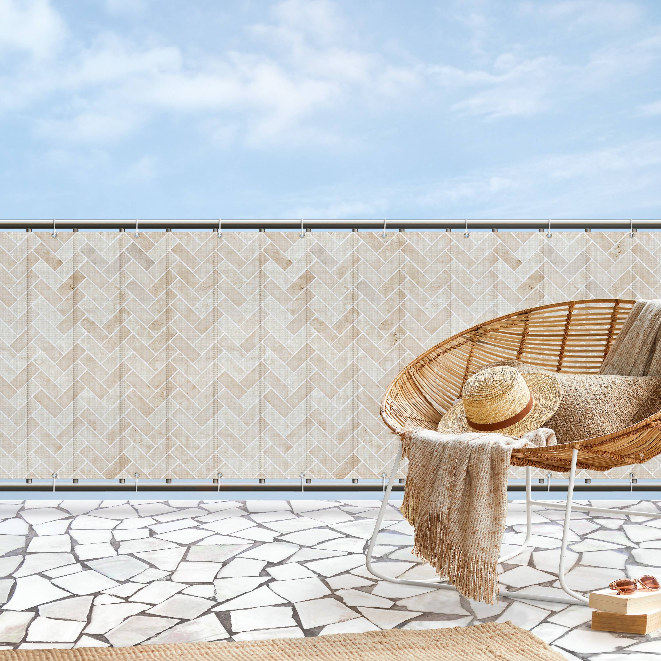 Balkon Sichtschutz Marmor Fischgräten Fliesen - Beige