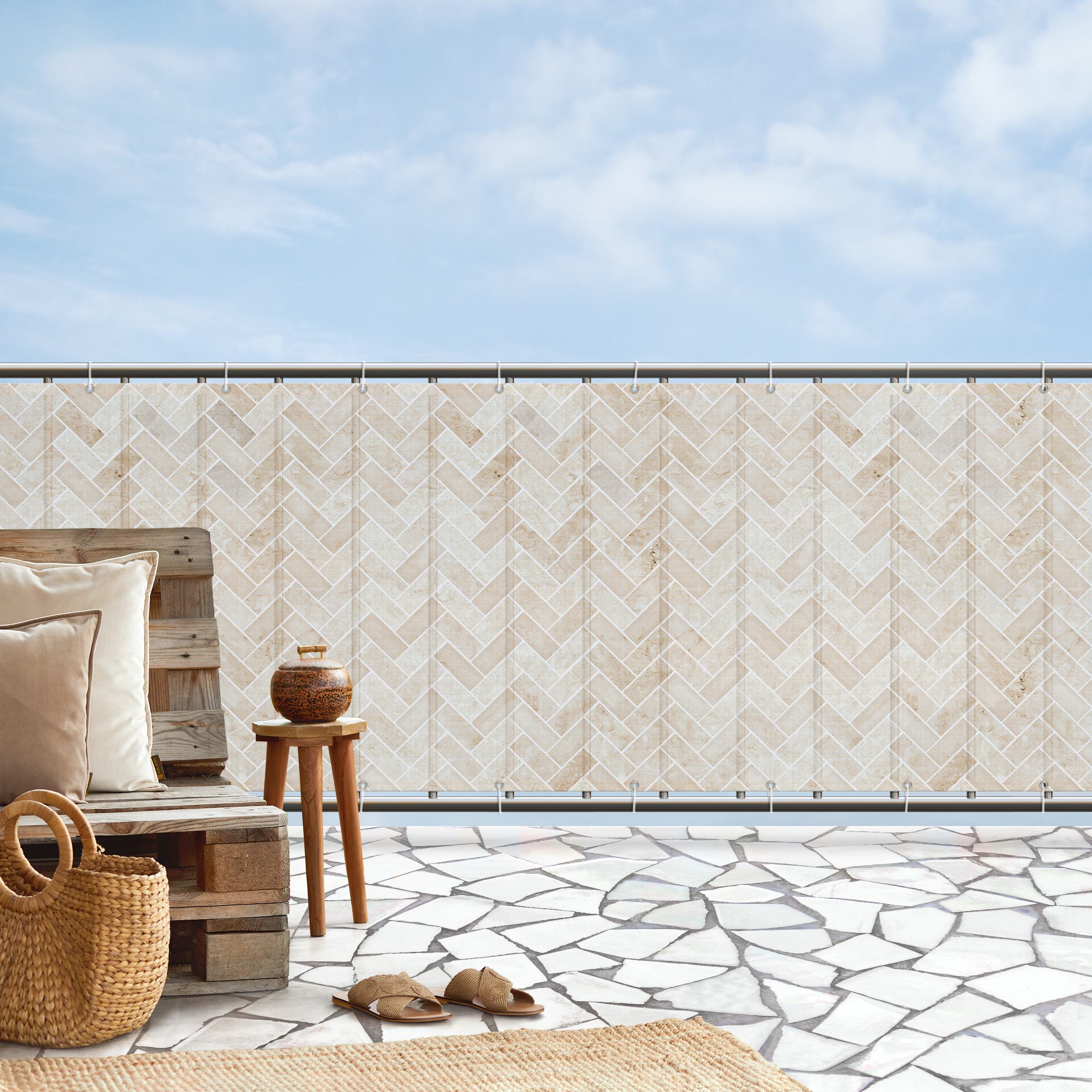 Balkon Sichtschutz Marmor Fischgräten Fliesen - Beige
