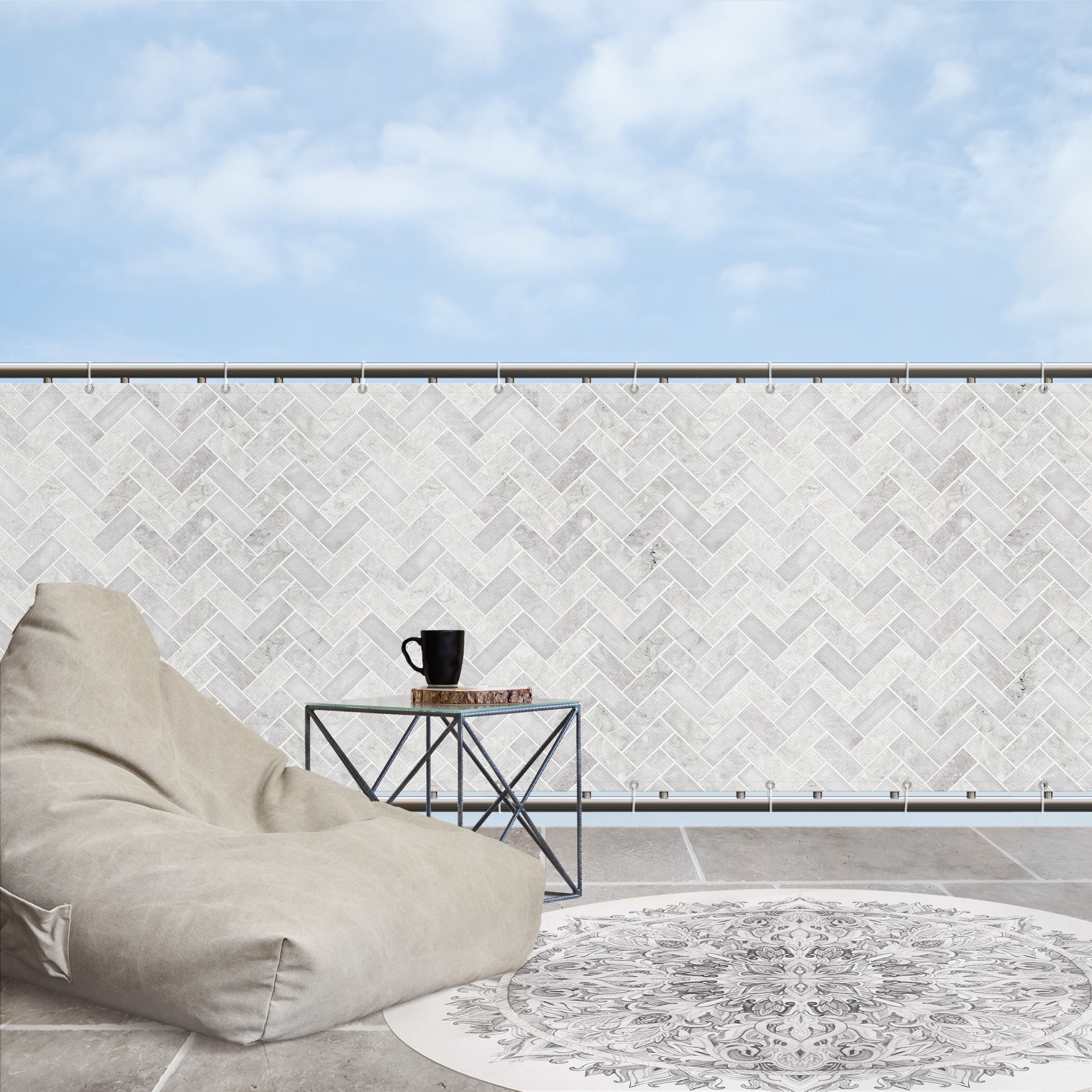 Balkon Sichtschutz Marmor Fischgräten Fliesen - Grau