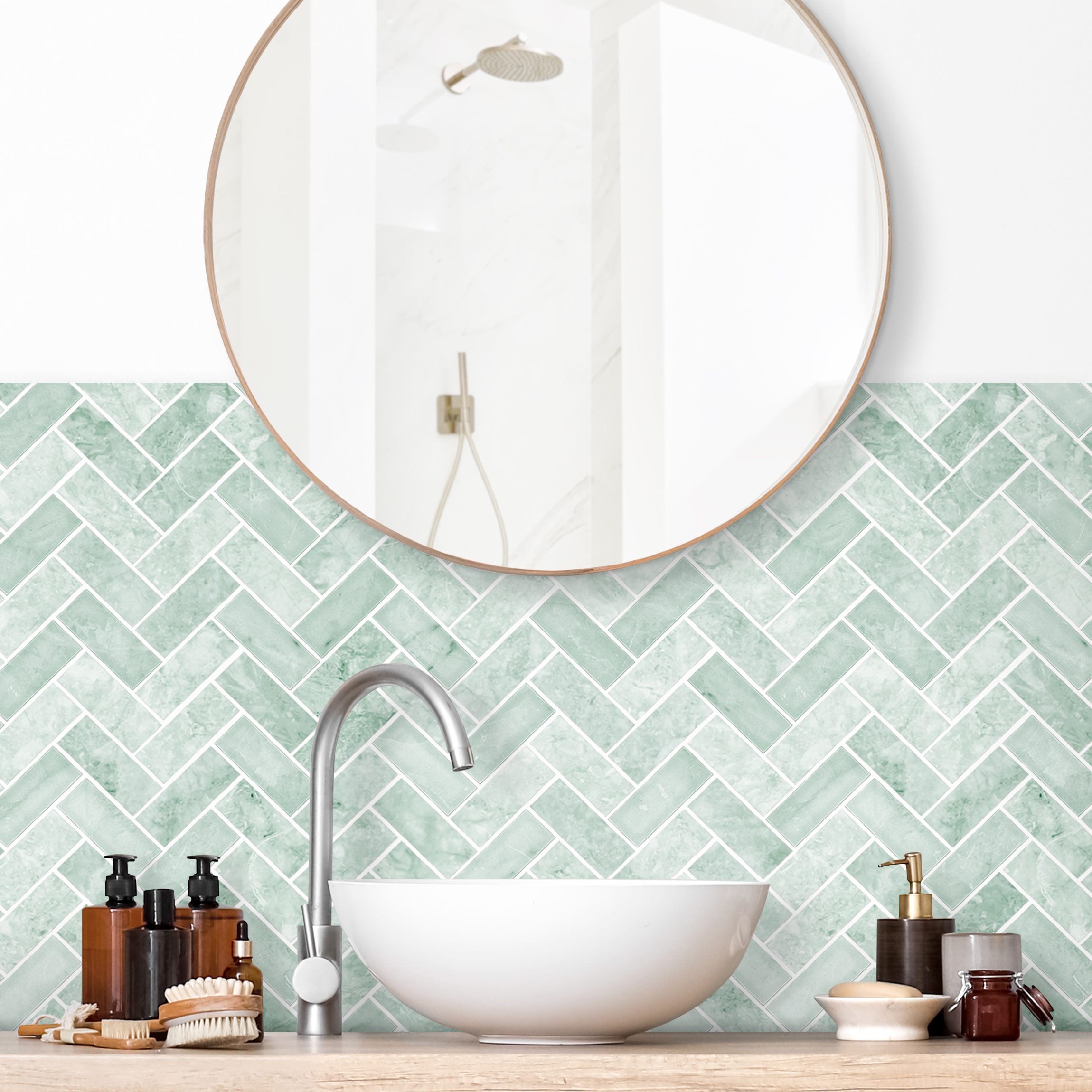 Wandverkleidung Bad Marmor Fischgräten Fliesen - Mint