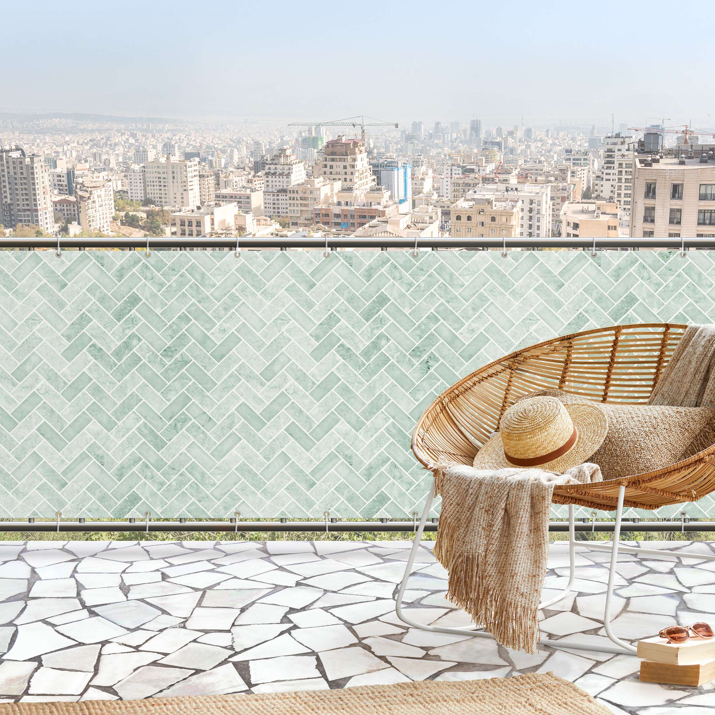 Balkon Sichtschutz Marmor Fischgräten Fliesen - Mint