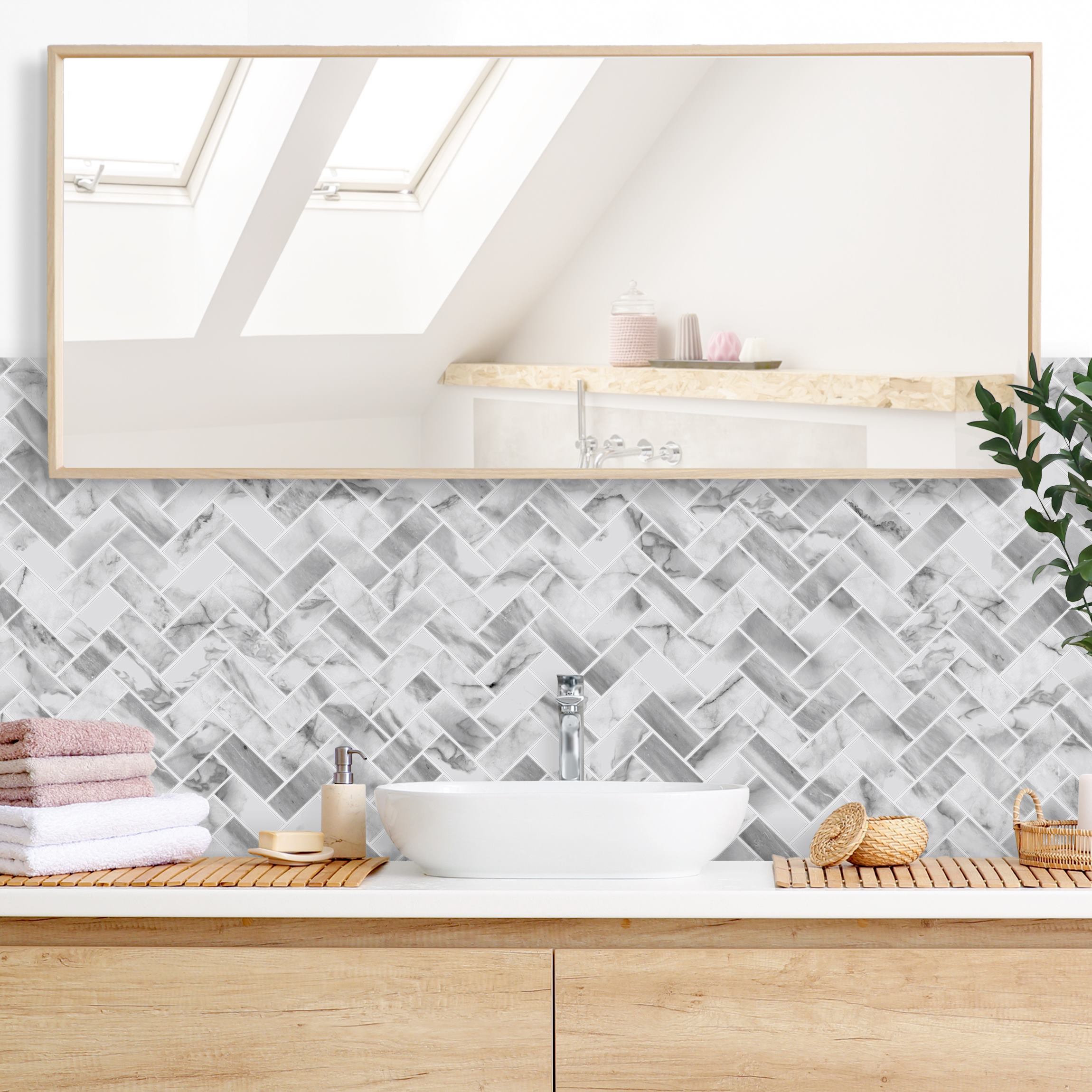 Wandverkleidung Bad Marmor Fischgräten Fliesen - Weiß