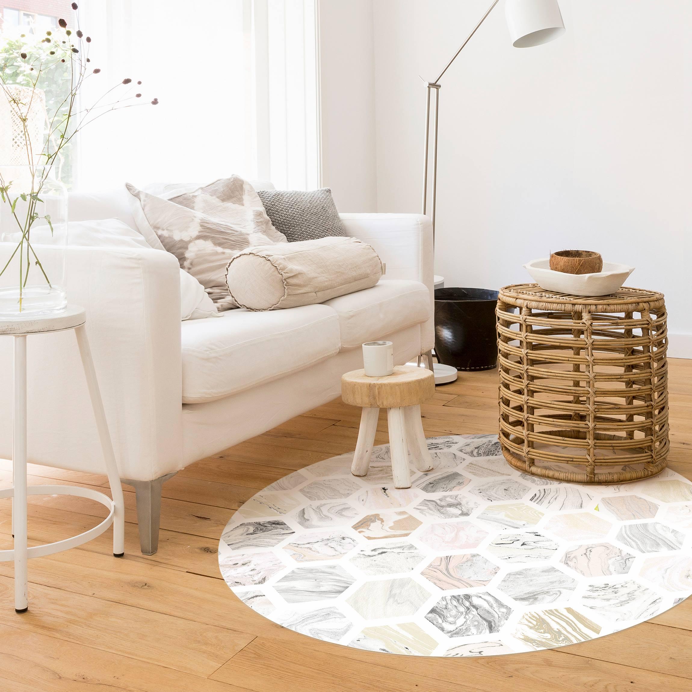 Runder Vinyl-Teppich Marmor Hexagone in Beige