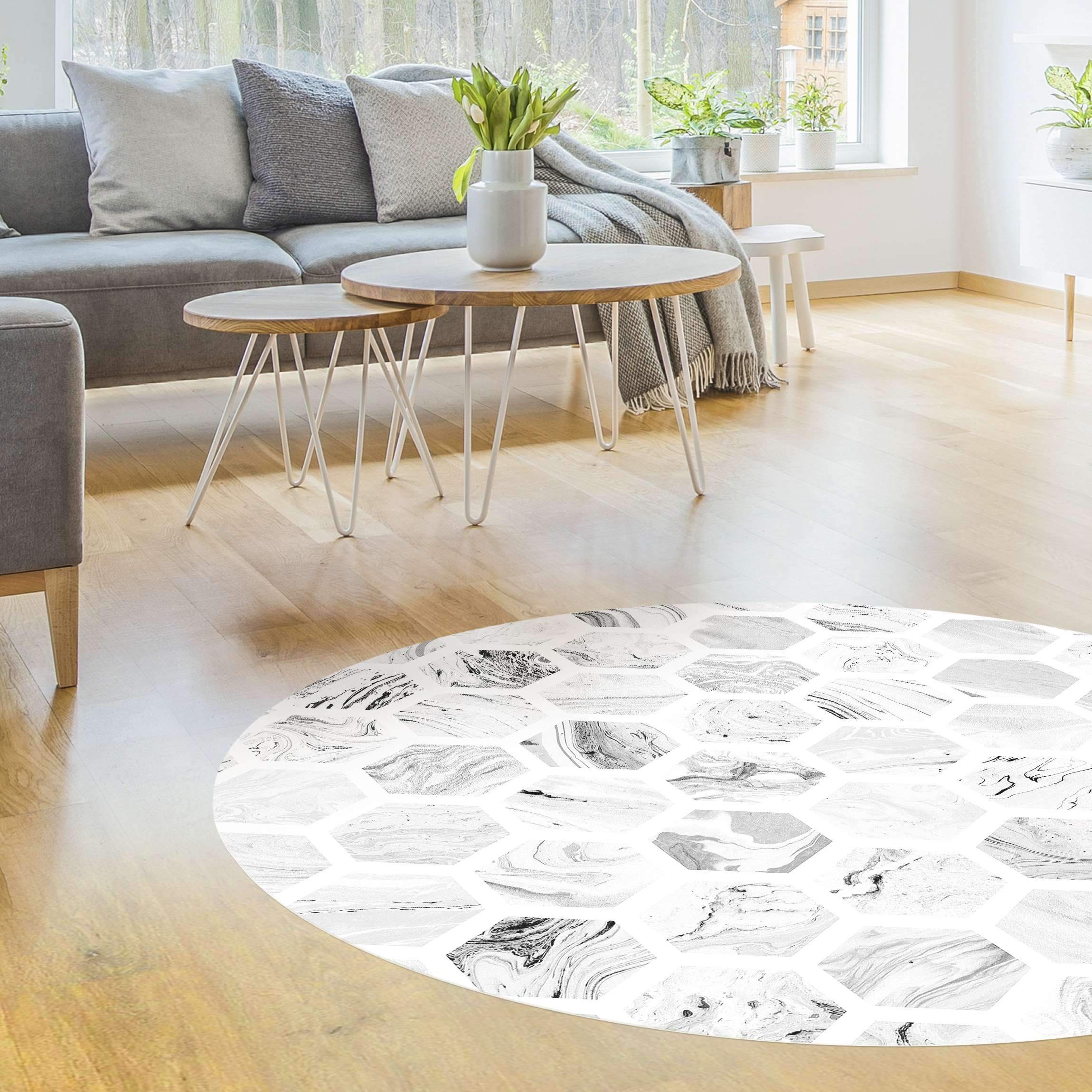 Runder Vinyl-Teppich Marmor Hexagone in Graustufen