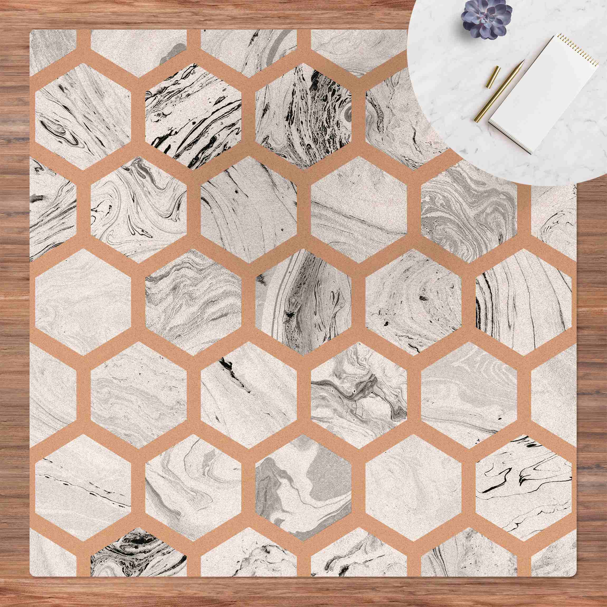 Kork-Teppich Marmor Hexagone in Graustufen