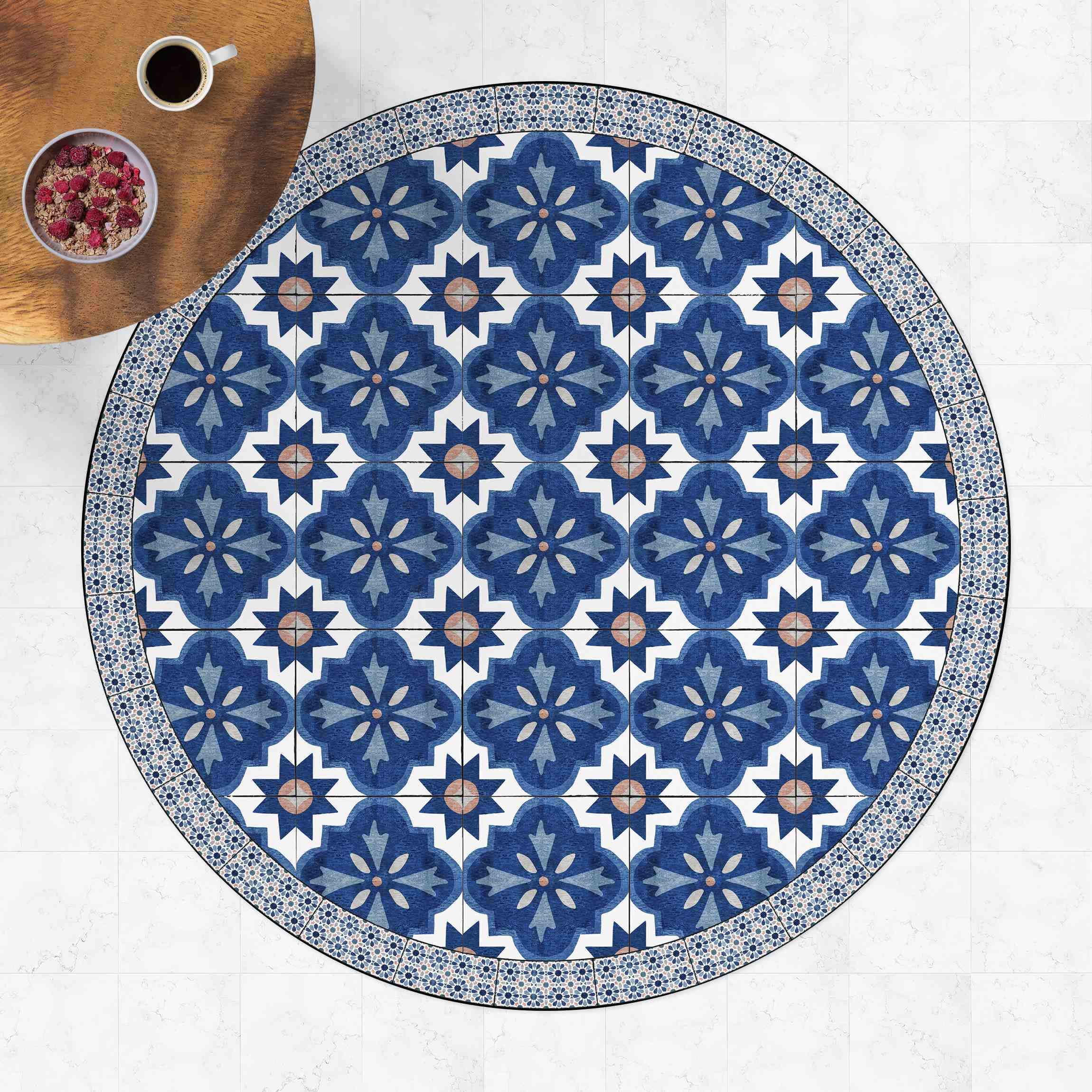 Runder Vinyl-Teppich Marokkanische Fliesen Aquarellblumen mit Fliesenrahmen