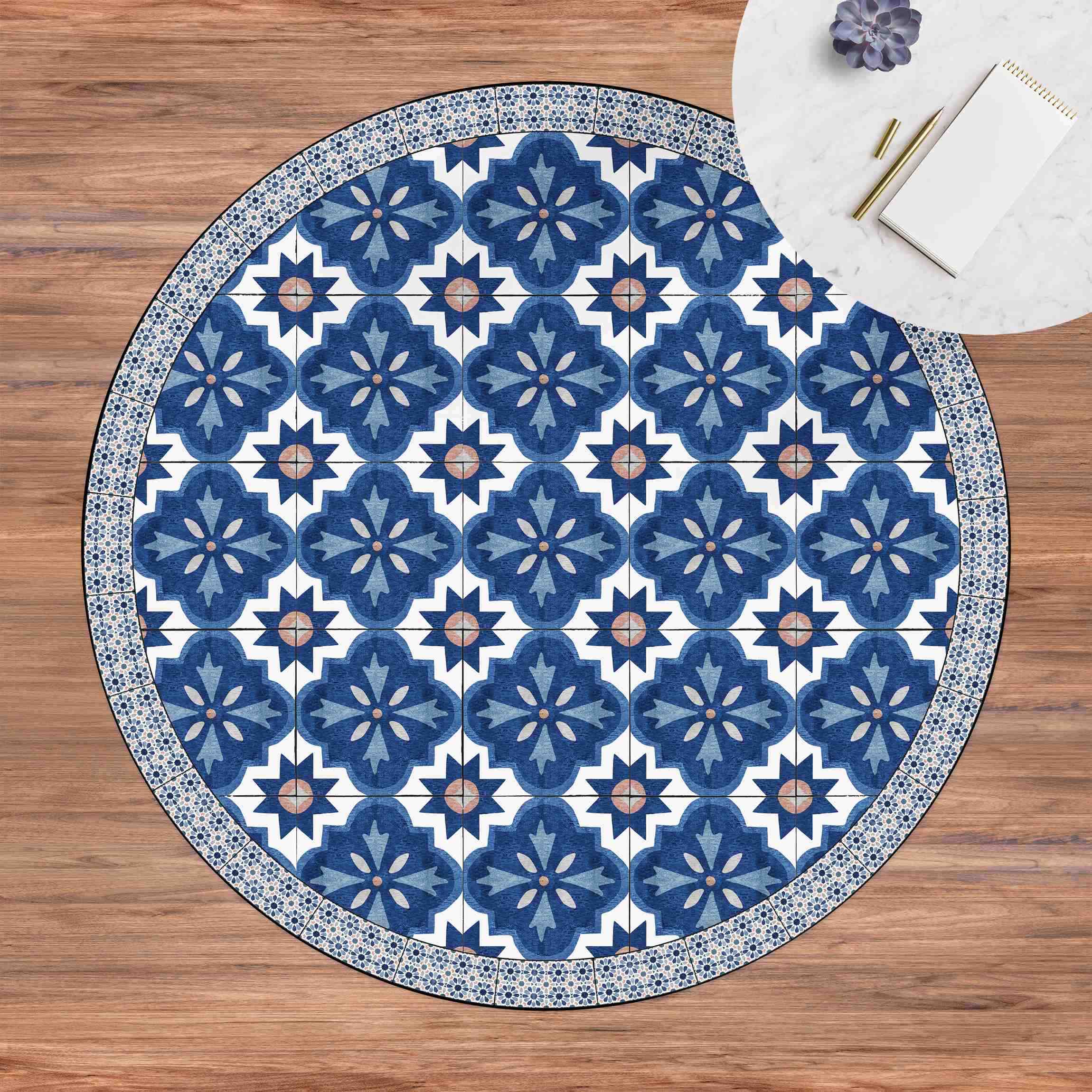 Runder Vinyl-Teppich Marokkanische Fliesen Aquarellblumen mit Fliesenrahmen