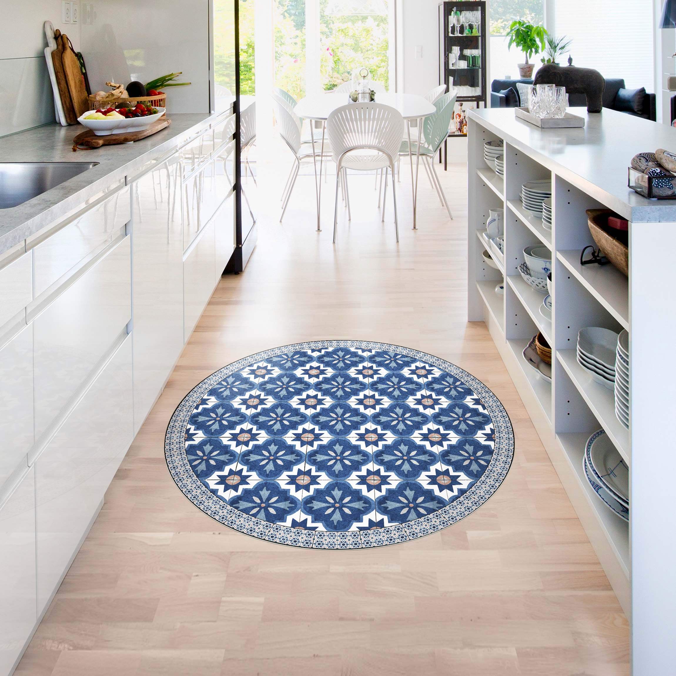 Runder Vinyl-Teppich Marokkanische Fliesen Aquarellblumen mit Fliesenrahmen